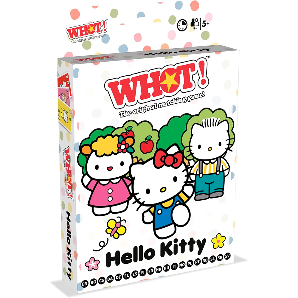 Una scatola del gioco di abbinamento di Hello Kitty. Presenta Hello Kitty e i suoi amici, con il nome del gioco e la fascia d'età sul fronte.