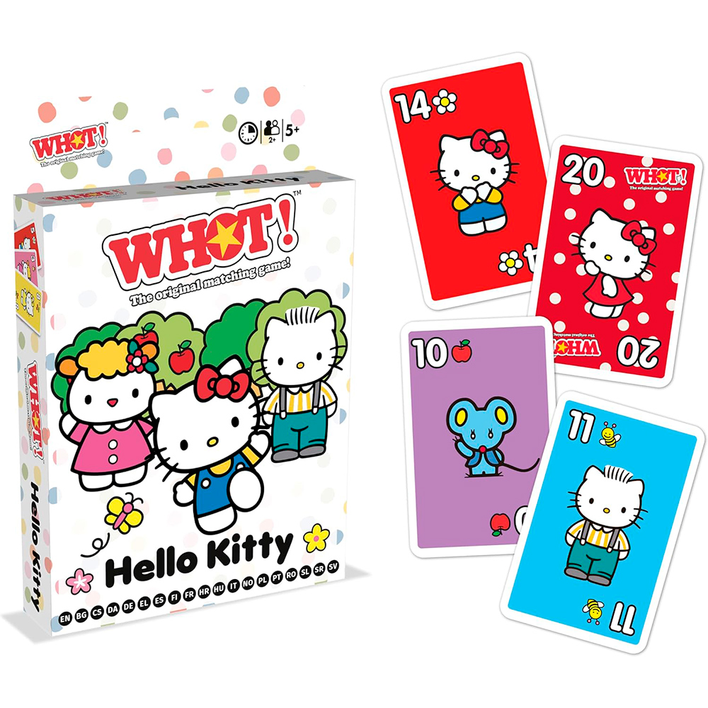 Scatola e carte del gioco di carte Hello Kitty WHOT!. Le carte mostrano Kitty e altri personaggi. La scatola ha personaggi di Kitty e testo.