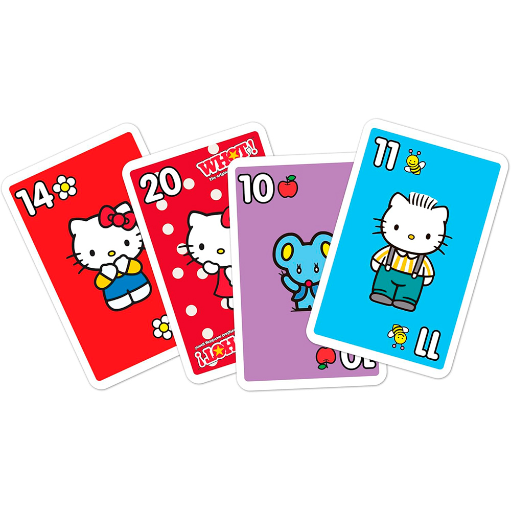 Quattro carte da gioco di Hello Kitty. Rosso, rosso a pois bianchi, viola e blu. I numeri sulle carte sono 14, 20, 10 e 11.