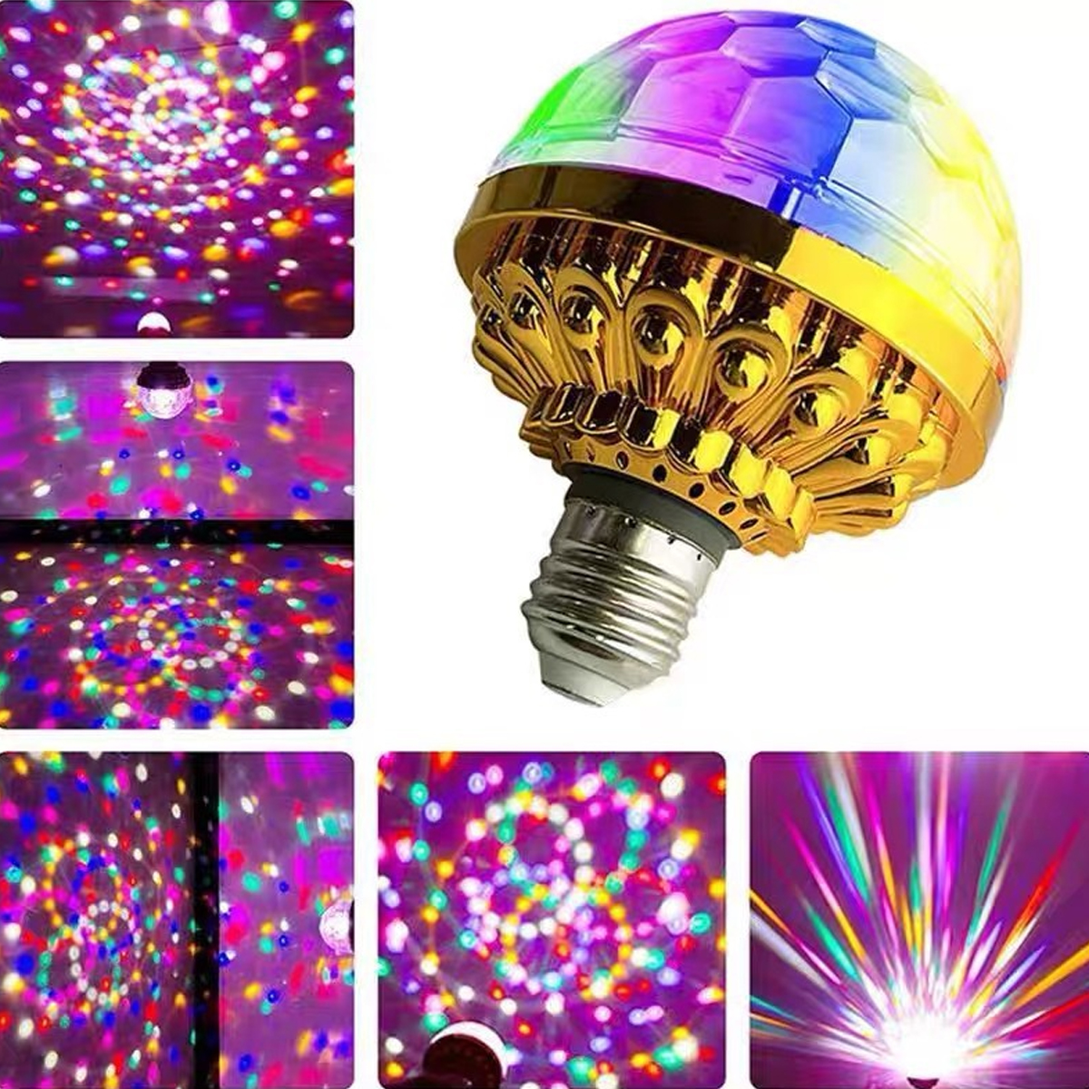 Eine Discokugel mit farbenfrohen Projektionen. Die Leuchte hat einen goldenen Sockel und eine mehrfarbige Glaskugel.