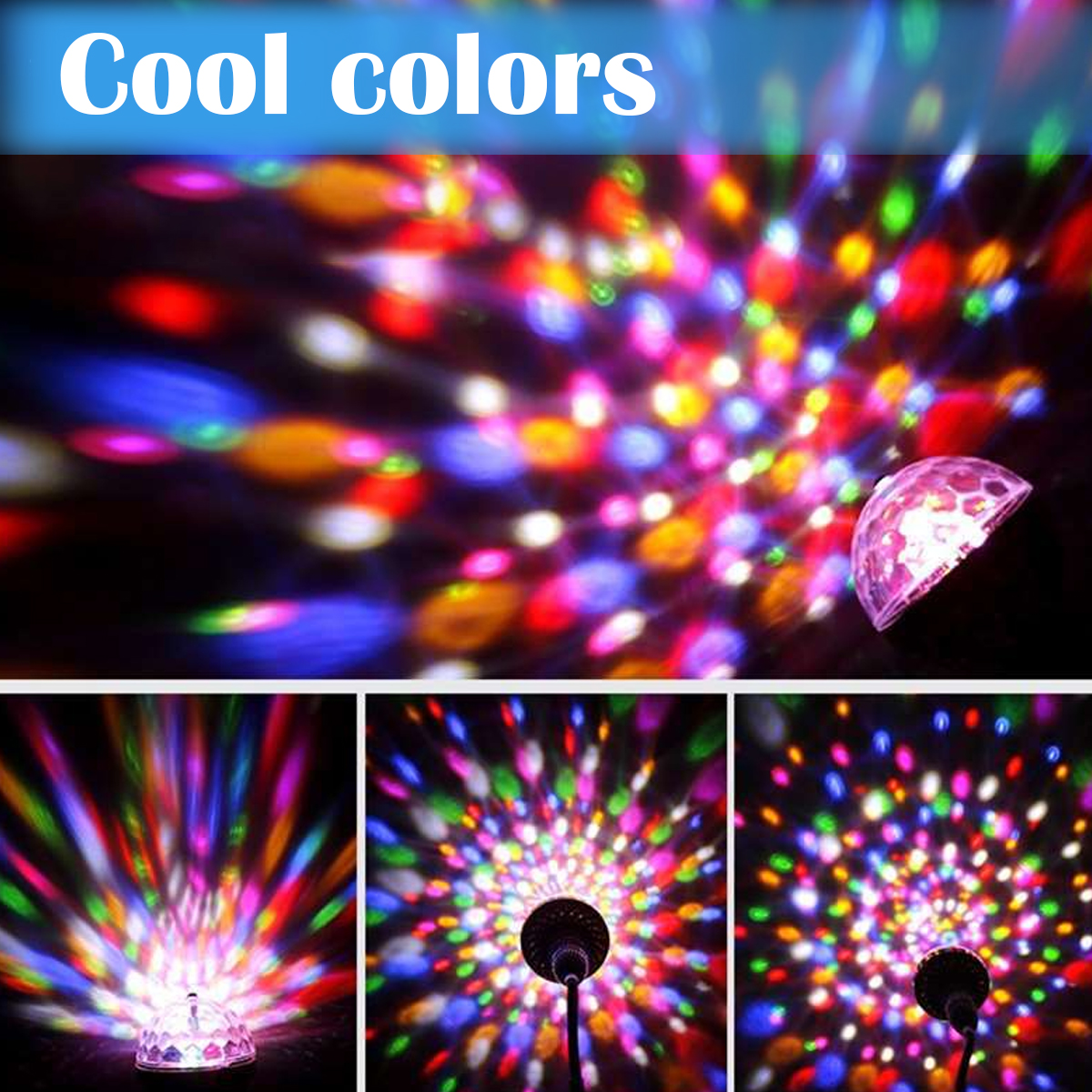 Ein farbenfrohes Discolicht, das Muster projiziert. Das Bild zeigt mehrere Discokugeln mit verschiedenen Lichtmustern in Rot, Blau, Grün und Gelb.