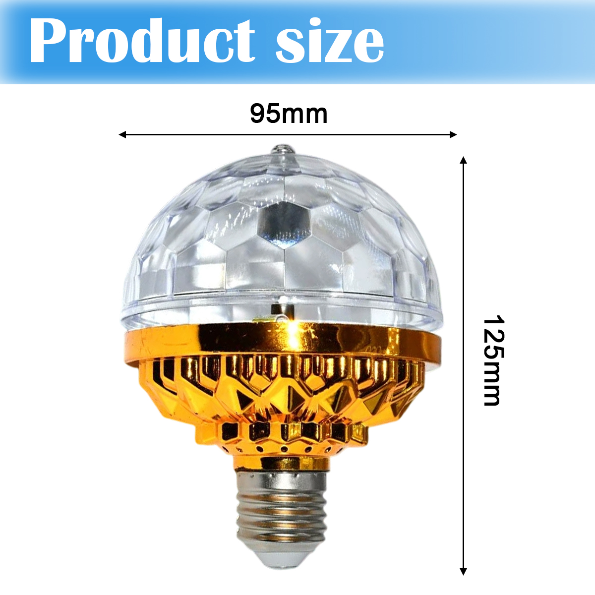 Eine scheibenförmige Leuchte mit goldener Basis und klarer, facettierter Oberseite wird gezeigt. Abmessungen: 95 mm breit, 125 mm hoch. Produktgrößenbeschriftung.