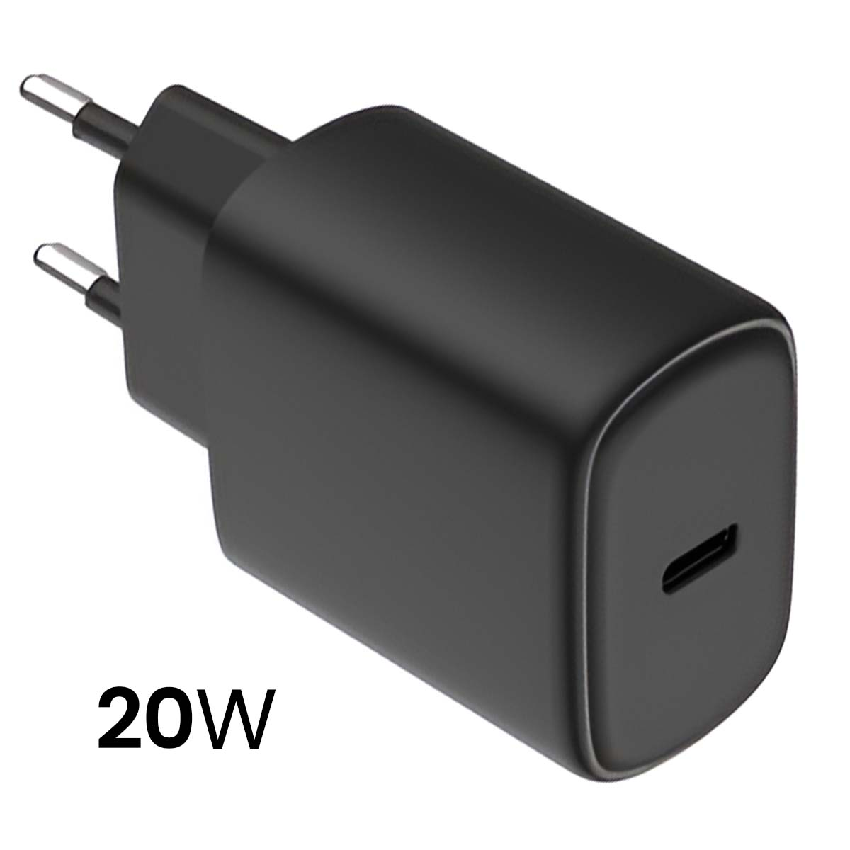 Un caricatore USB-C nero da 20W. Ha due spine e una porta USB-C. Il testo '20W' è stampato sul caricatore.