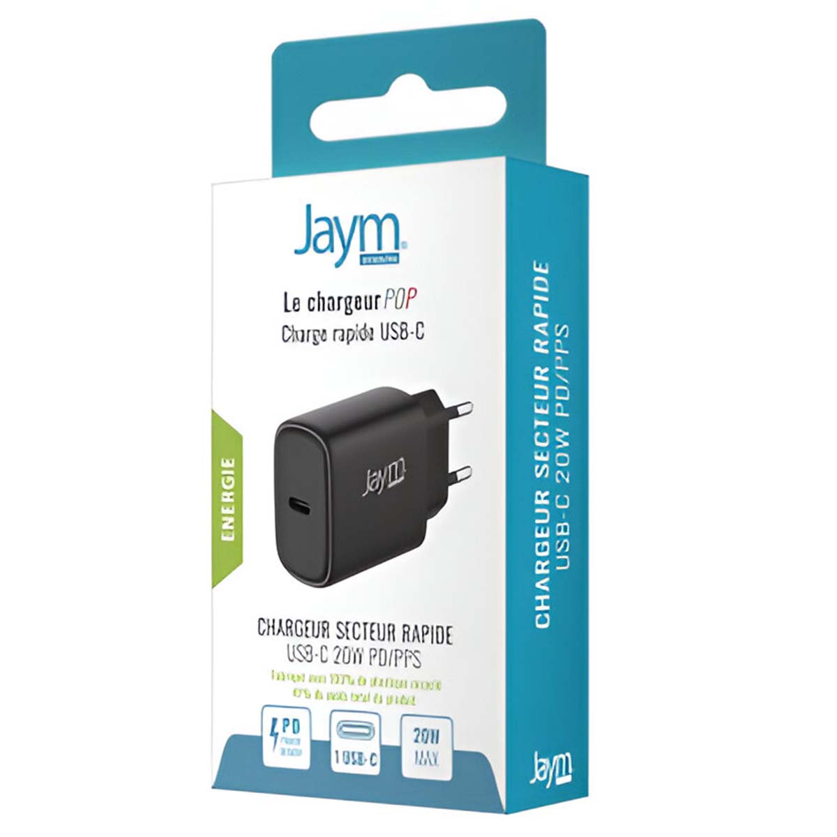 Scatola con caricatore USB-C nero con etichetta 'Jaym'. Il testo descrive le caratteristiche del caricatore. Colori verde, blu e bianco visibili.