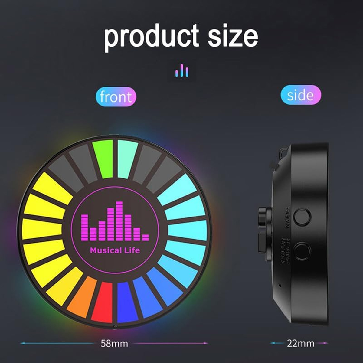 Ein Produkt mit Vorder- und Seitenansicht, kreisförmig mit Regenbogenlichtern. Die Vorderansicht zeigt das Logo für musikalisches Leben. Die Seite hat Knöpfe.