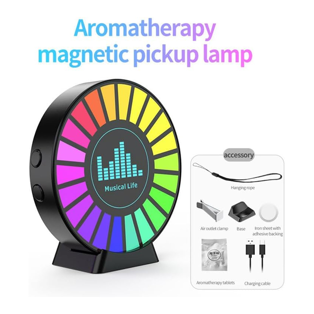 Magnetische Aromatherapie-Aufnahmelampe. Bunte Lichtanzeige, Musical Life-Anzeige und Zubehör wie Kordel und Ladekabel.