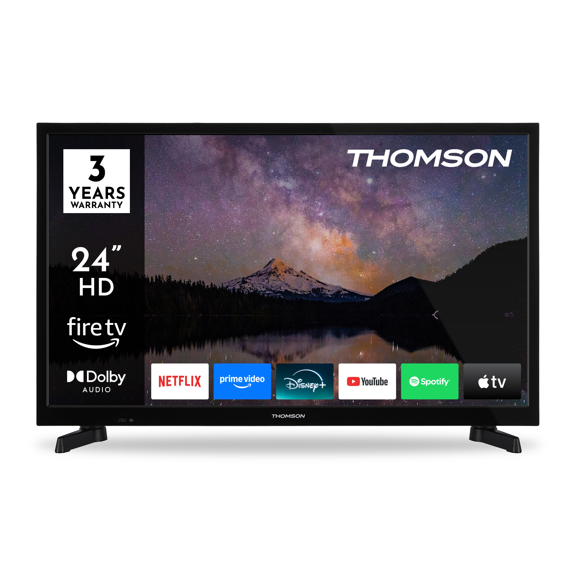 Una TV Thomson Fire TV HD da 24". Mostra un cielo notturno con una catena montuosa. Include Netflix, Prime Video, Disney+, YouTube, Spotify e Apple TV.