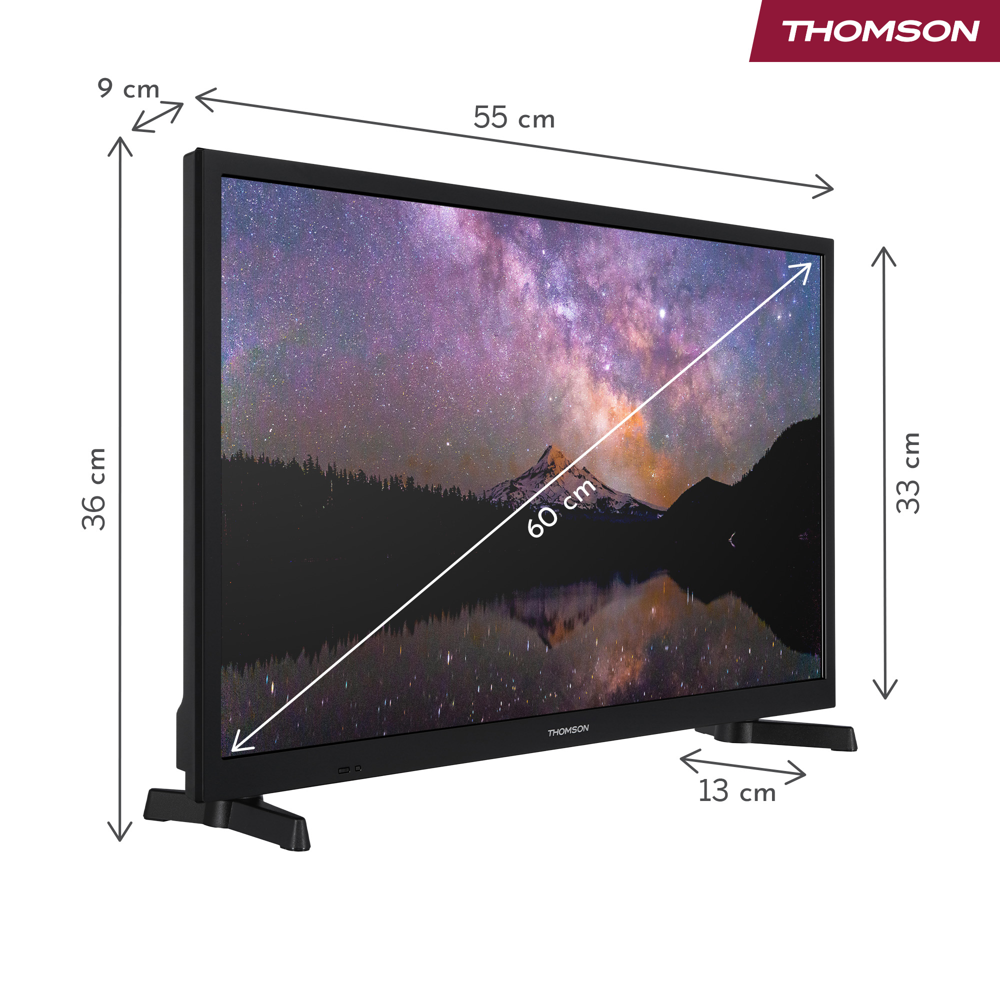 Un televisore Thomson nero che mostra una scena di cielo notturno con montagne e un lago. Le dimensioni sono indicate sullo schermo.