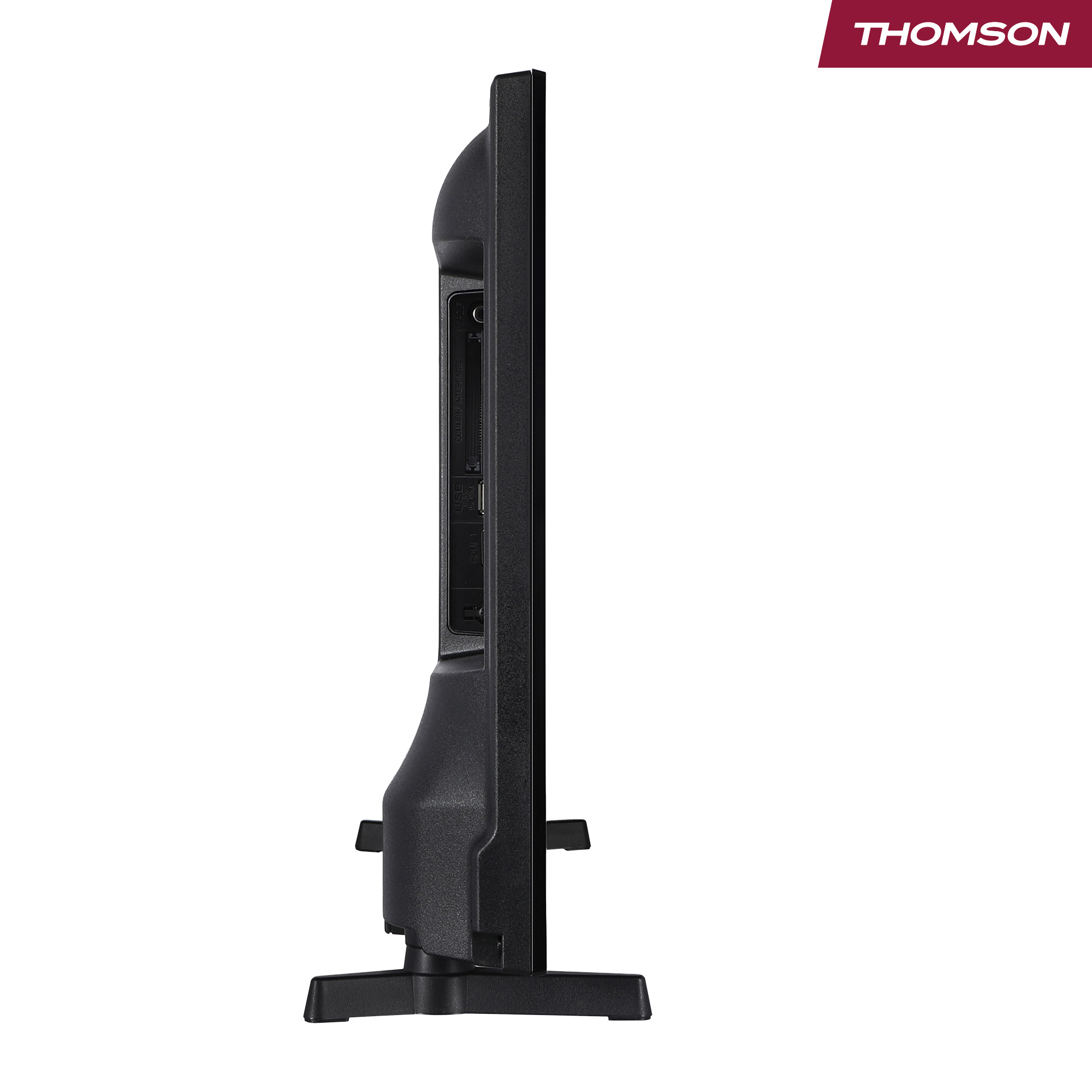 TV Thomson nero, vista laterale. Mostra le porte e un supporto. Lo sfondo è bianco.