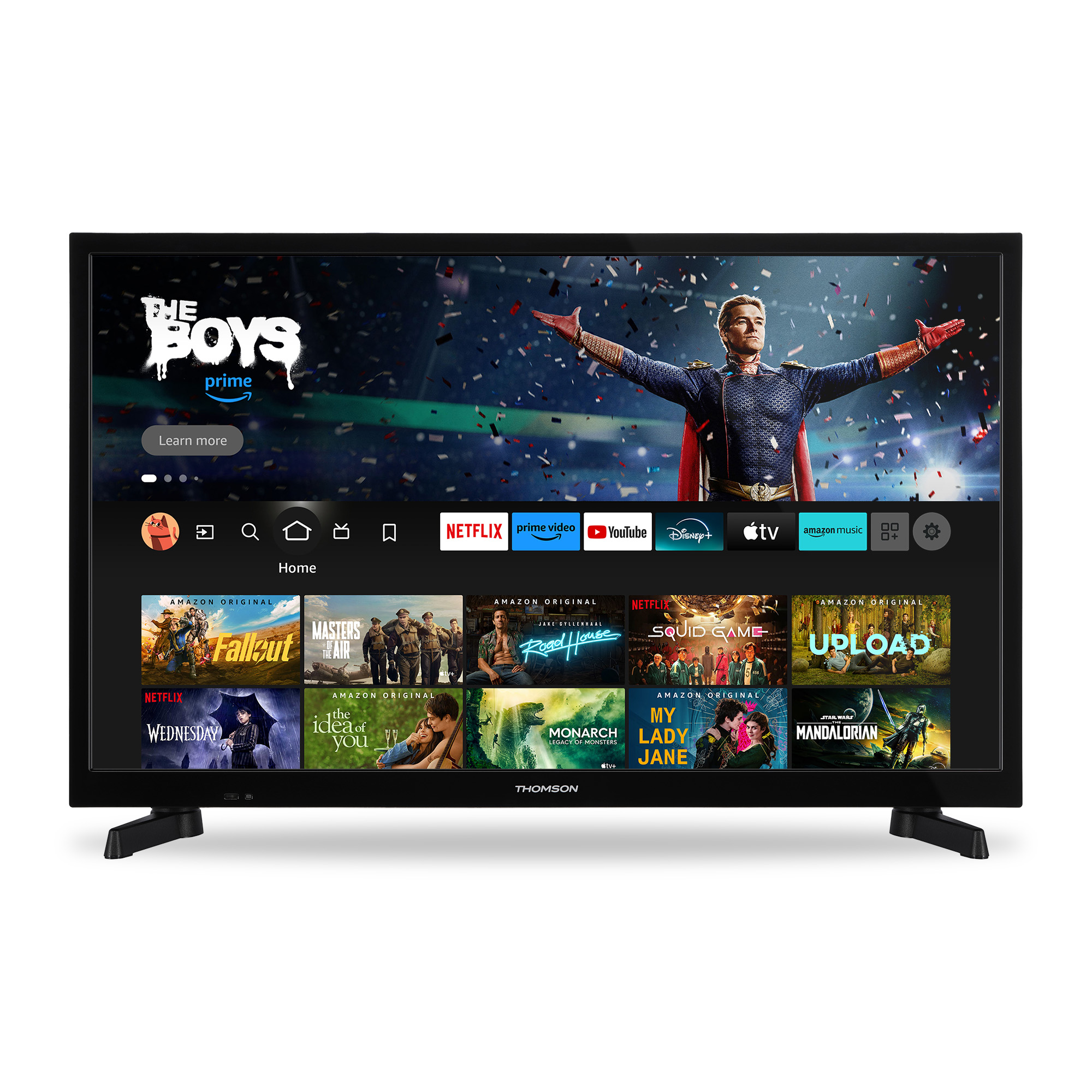 Una TV mostra contenuti Amazon Prime, con 'The Boys'. Sono visibili programmi come 'Fallout' e 'Squid Game'.