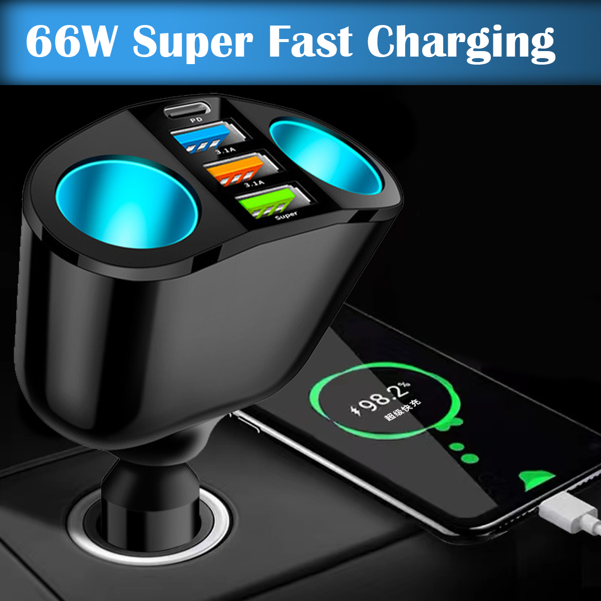 Schwarzes Autoladegerät mit leuchtenden Anschlüssen und einem Telefon, das zu 98,2 % geladen wird. Text: 66W Super Fast Charging.