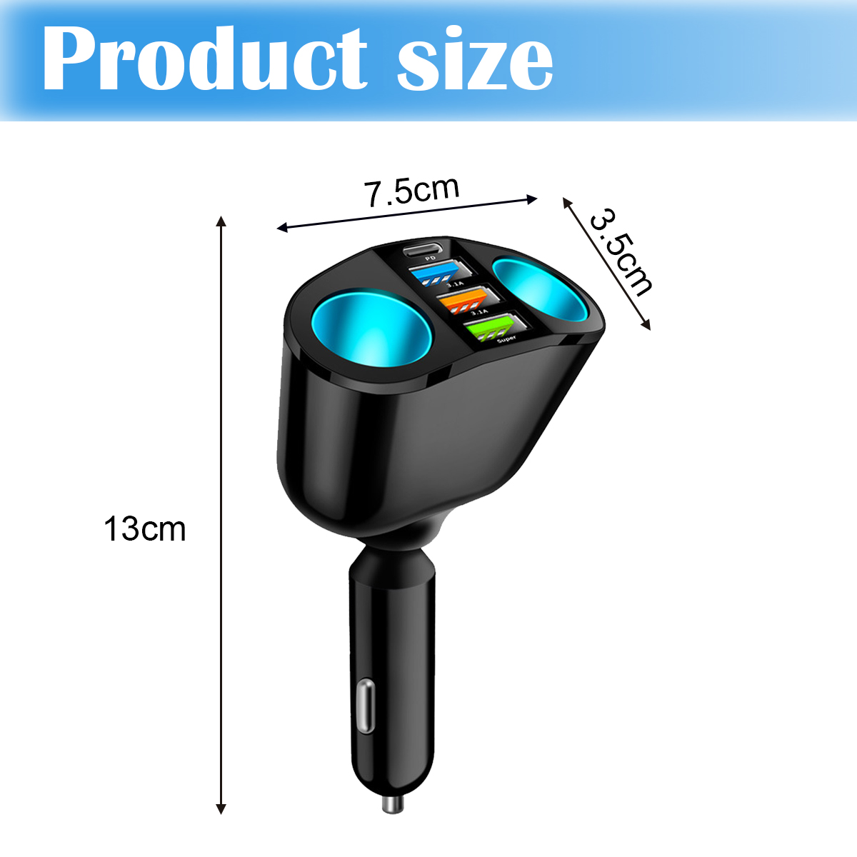 Schwarzes Autoladegerät mit den Maßen: 13 cm Höhe, 7,5 cm Breite, 3,5 cm Tiefe. Hat USB-Anschlüsse und blau leuchtende Kreise.