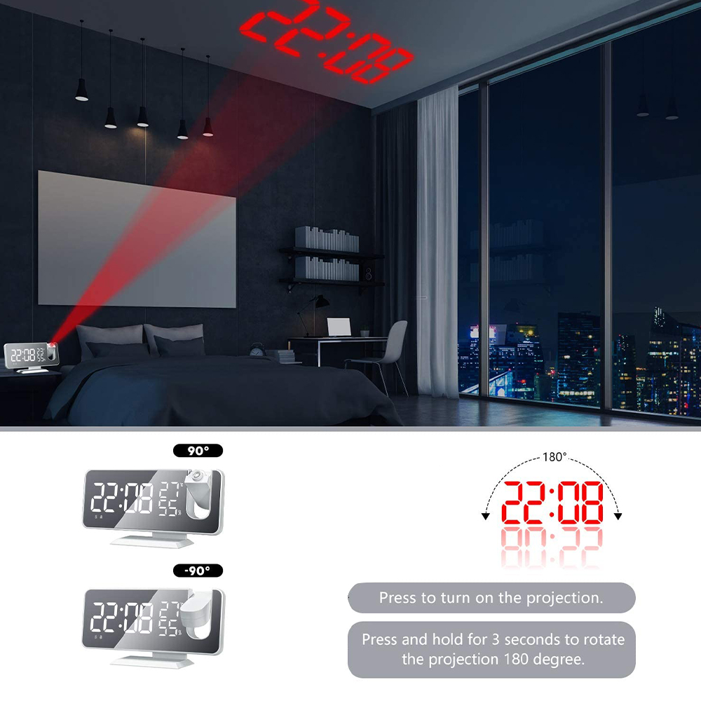 Eine Digitaluhr projiziert die Uhrzeit (22:08) an die Decke. Das Zimmer hat ein Bett, einen Schreibtisch und ein Fenster mit Stadtblick.