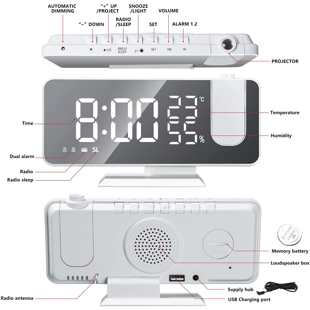 Eine Digitaluhr, die Zeit, Temperatur und Luftfeuchtigkeit anzeigt. Sie hat Knöpfe und einen Lautsprecher. Etiketten weisen auf Funktionen hin.