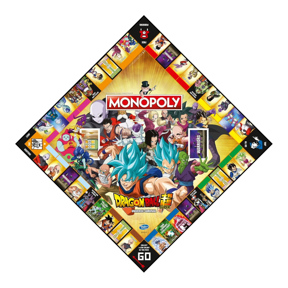 Monopoly-Brettspiel im Dragon Ball Super-Thema. Enthält Charaktere aus dem Anime. Das Spielbrett ist rautenförmig mit verschiedenen Feldern.