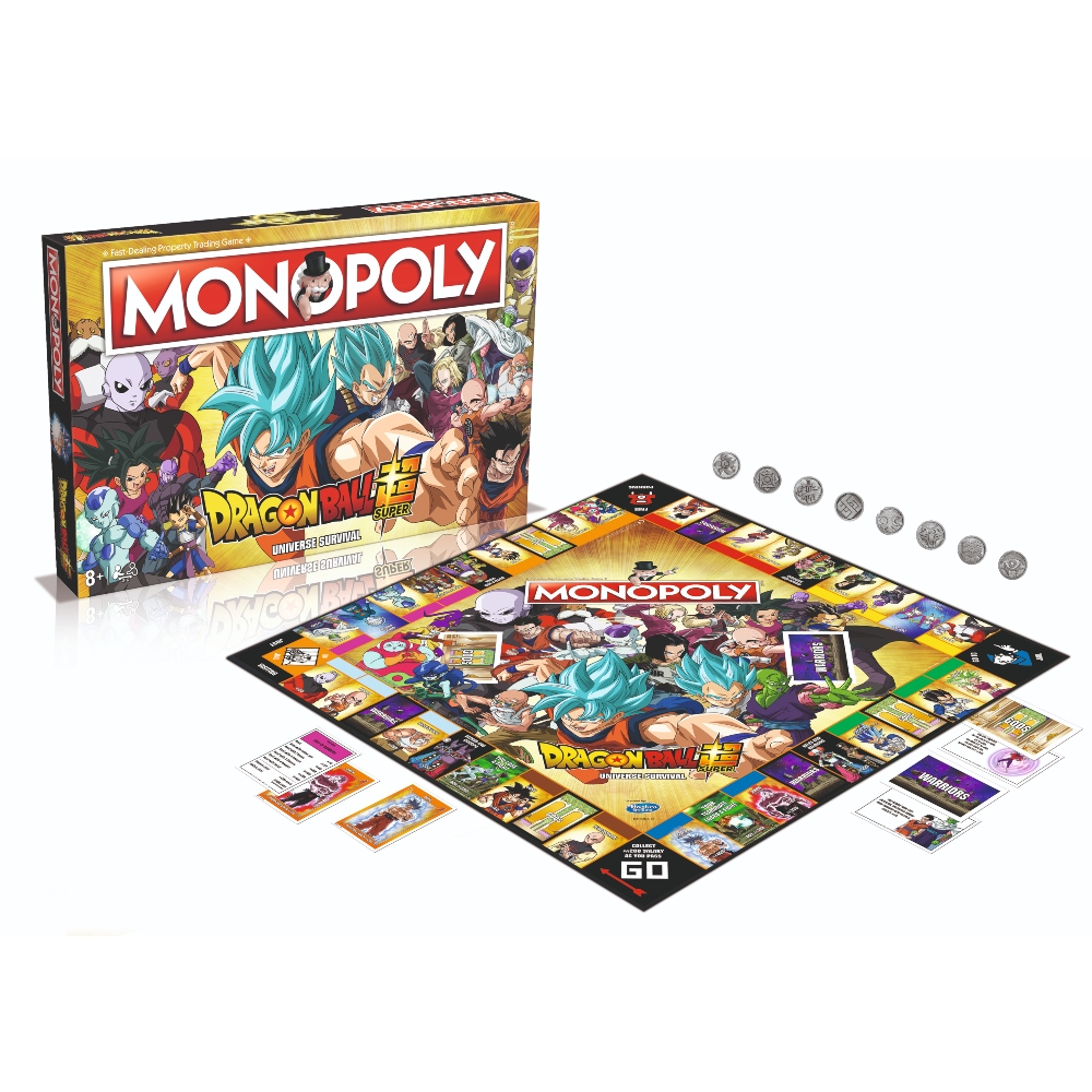 Monopoly-Brettspiel mit Dragon Ball-Charakteren. Schachtel und Spielbrett zeigen Charaktere und das Logo des Spiels. Würfel und Karten sind sichtbar.
