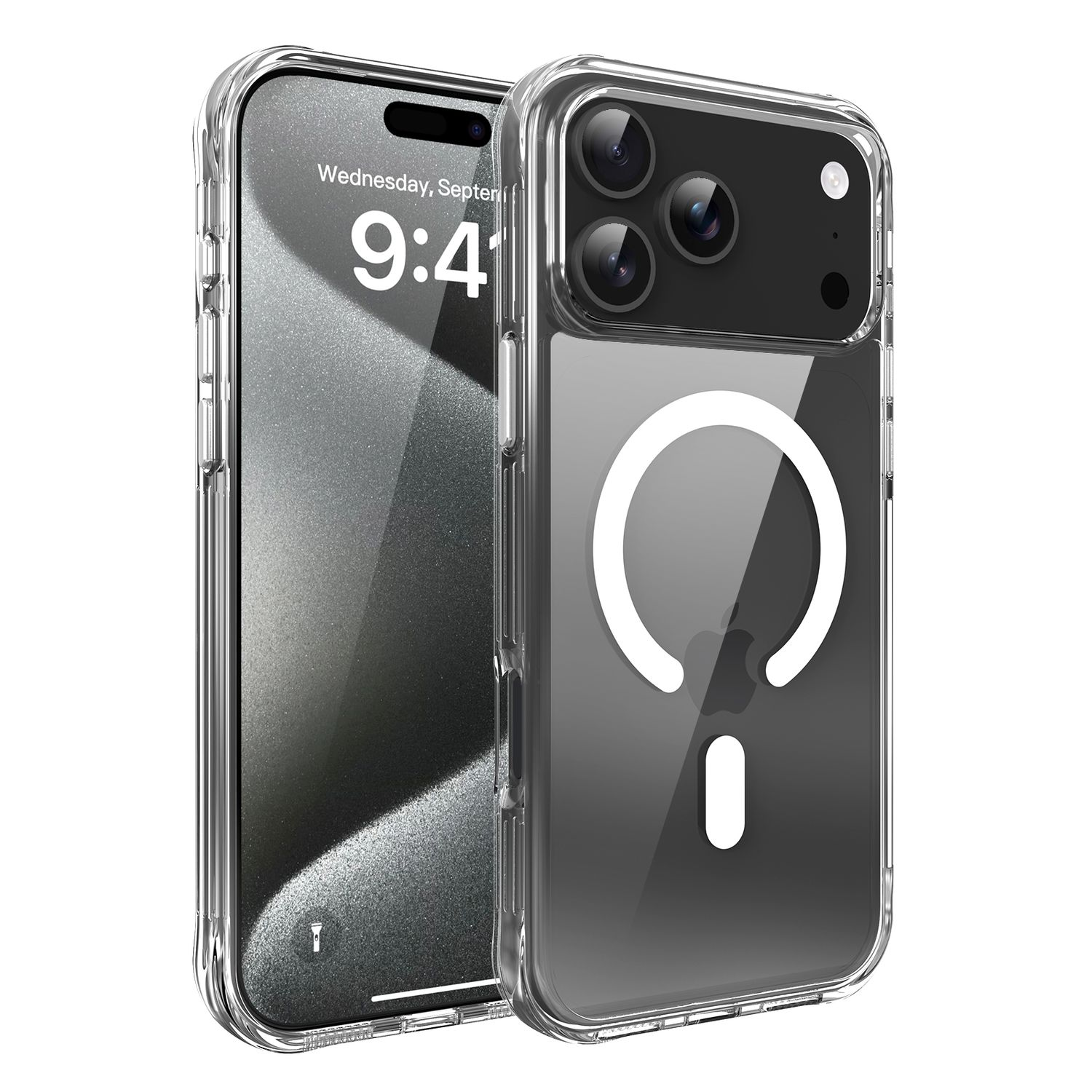 iPhone in einer durchsichtigen Hülle mit weißem MagSafe-Design. Das Telefon zeigt die Uhrzeit 9:41 Uhr, Mittwoch, September an.
