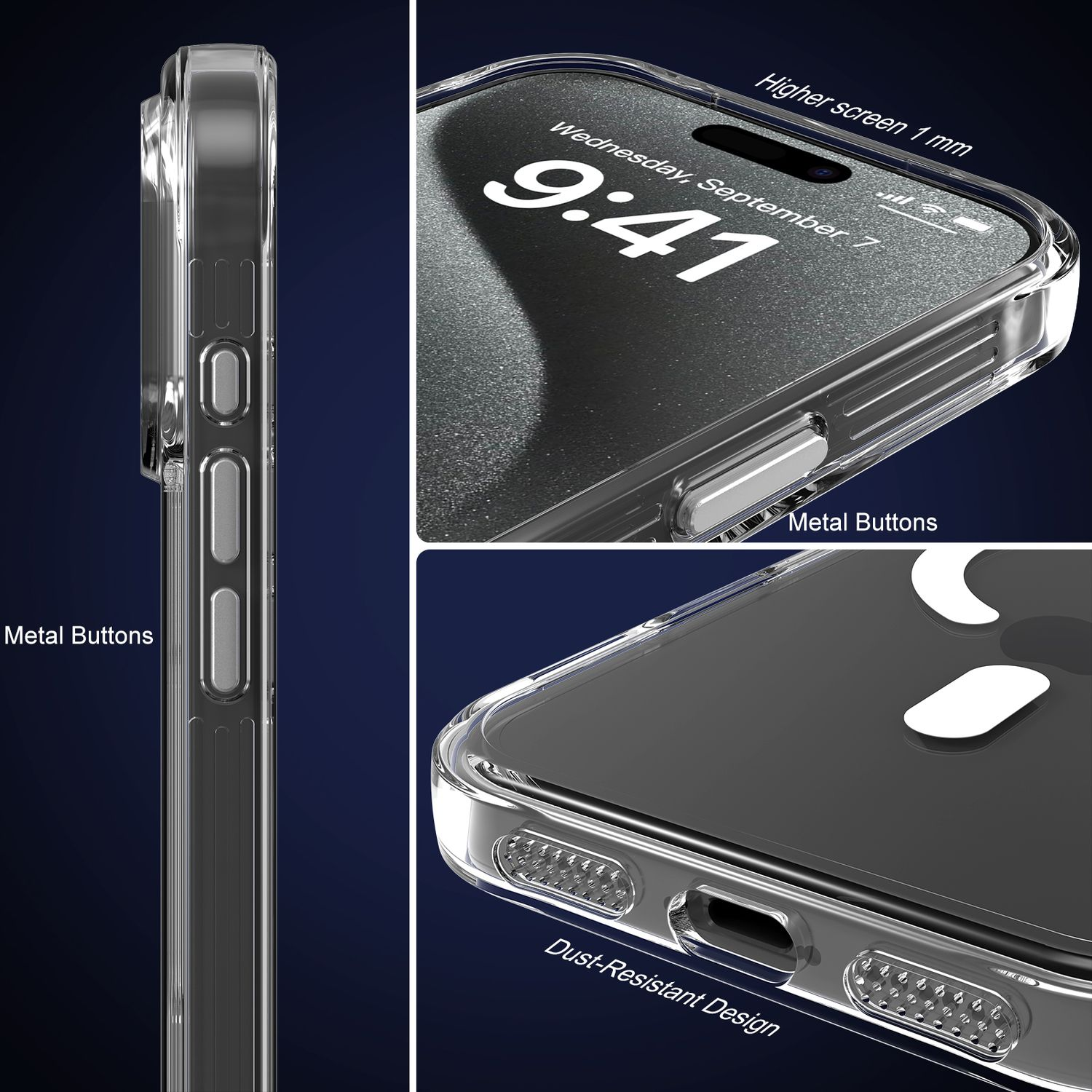 Transparente Handyhülle mit Displayschutz. Das Handy zeigt 9:41 Uhr an. Metallknöpfe und staubdichtes Design sind beschriftet.