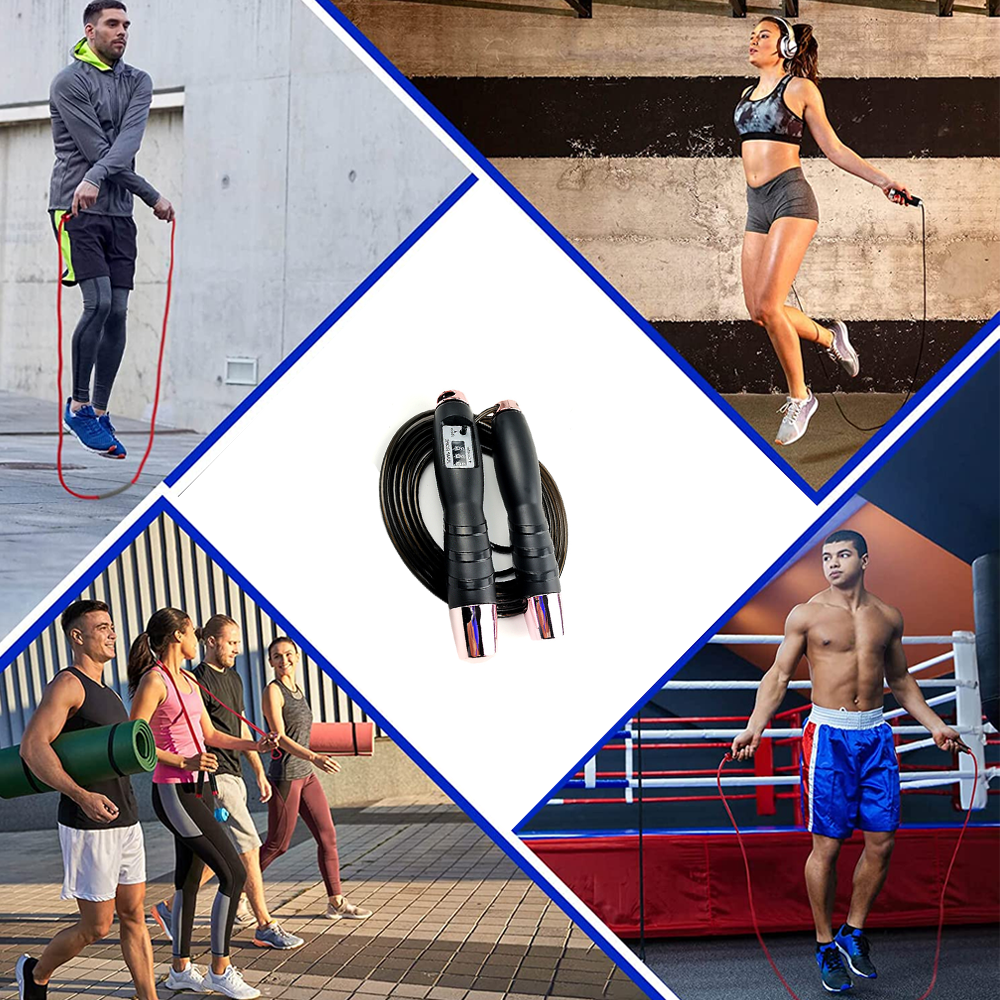 Eine Collage zeigt Menschen, die mit Springseilen trainieren. Enthält einen springenden Mann, eine springende Frau und eine Gruppe, die geht. Ein Springseil befindet sich in der Mitte.