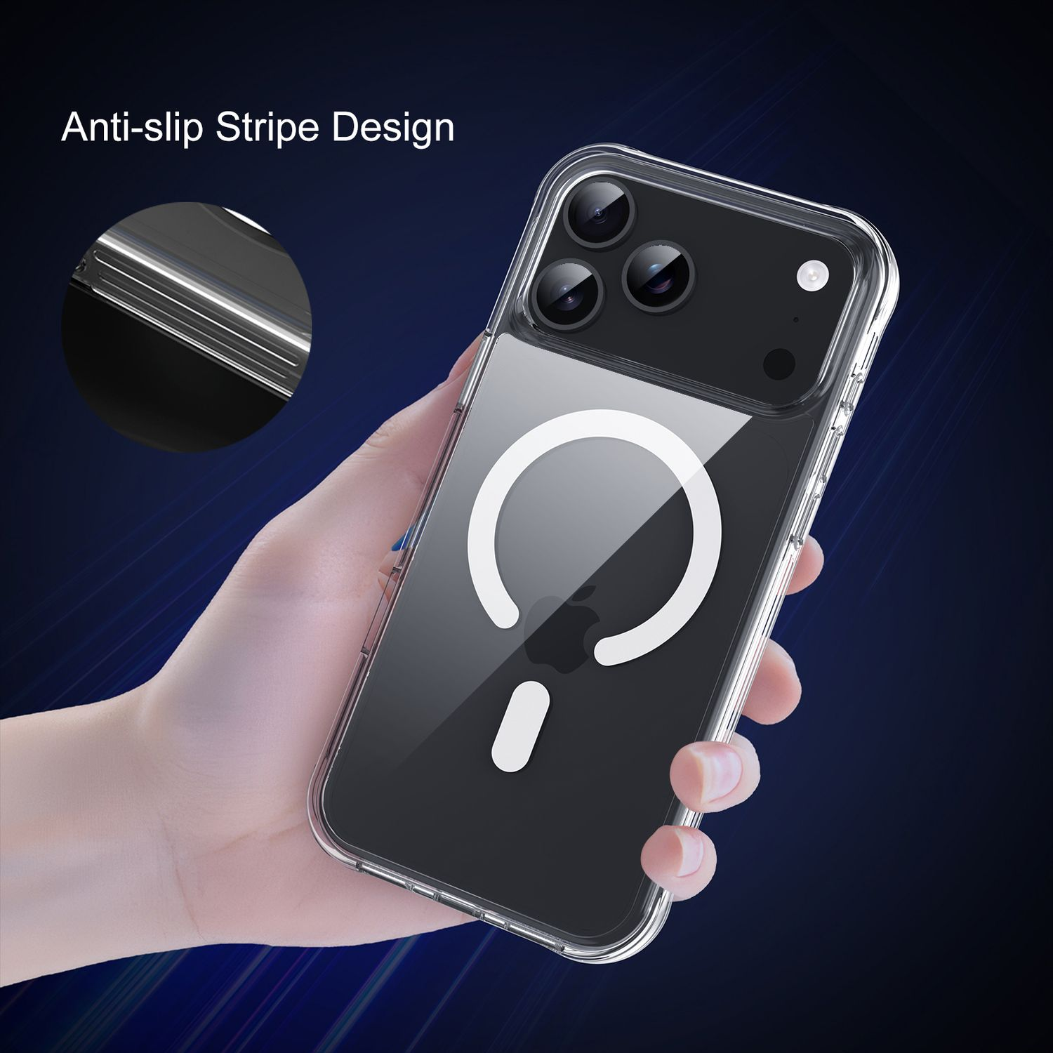 Hand hält eine transparente Handyhülle mit einem schwarzen Telefon darin. Die Hülle hat einen weißen Magnetkreis auf der Rückseite.