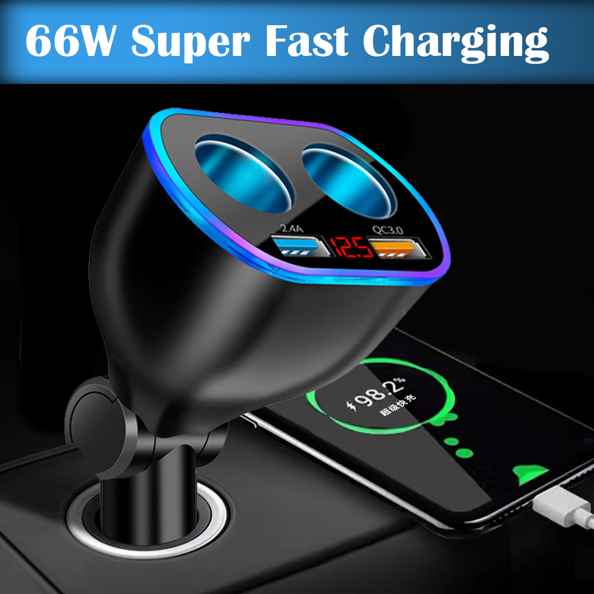 Ein schwarzes Autoladegerät mit zwei Anschlüssen. Ein Telefon wird geladen und zeigt 98,2 % an. Text: 66W Super Fast Charging.