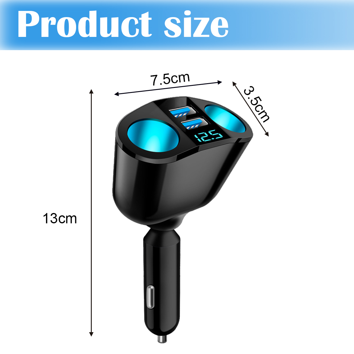 Schwarzes Autoladegerät mit blauem Licht, das 12,5 anzeigt und die Maße 7,5 cm, 3,5 cm und 13 cm hat. Es hat zwei USB-Anschlüsse.