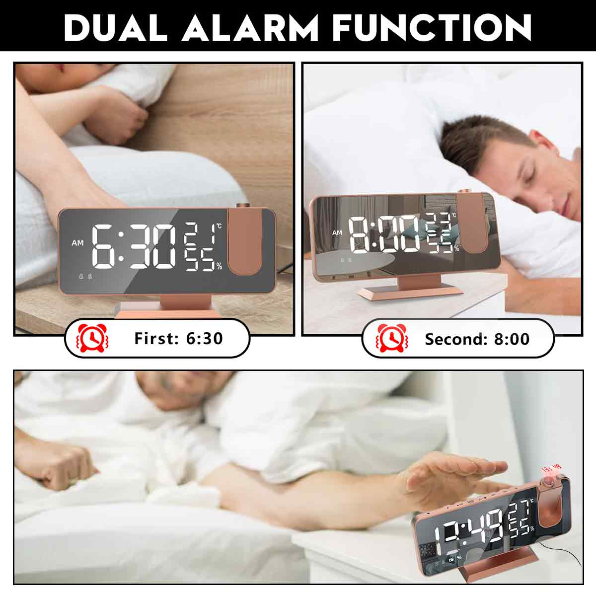 Das Bild zeigt eine Dual-Wecker-Funktion. Es zeigt zwei verschiedene Zeiten und eine Person, die im Bett schläft, mit der Uhr im Blick.