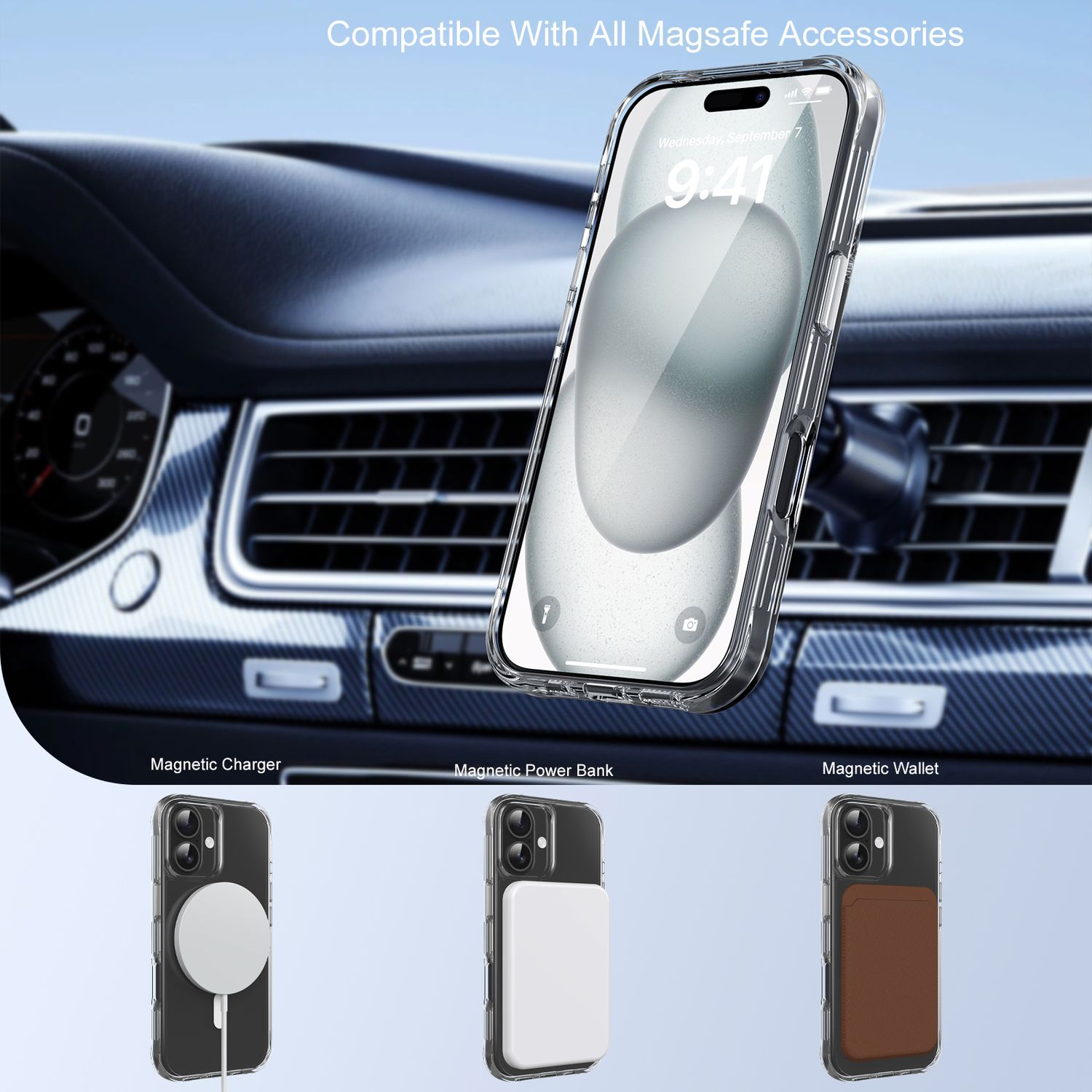 Ein Telefon in einer Hülle wird in einem Auto gezeigt. Darunter werden drei Zubehörteile gezeigt: Ladegerät, Powerbank und Wallet.