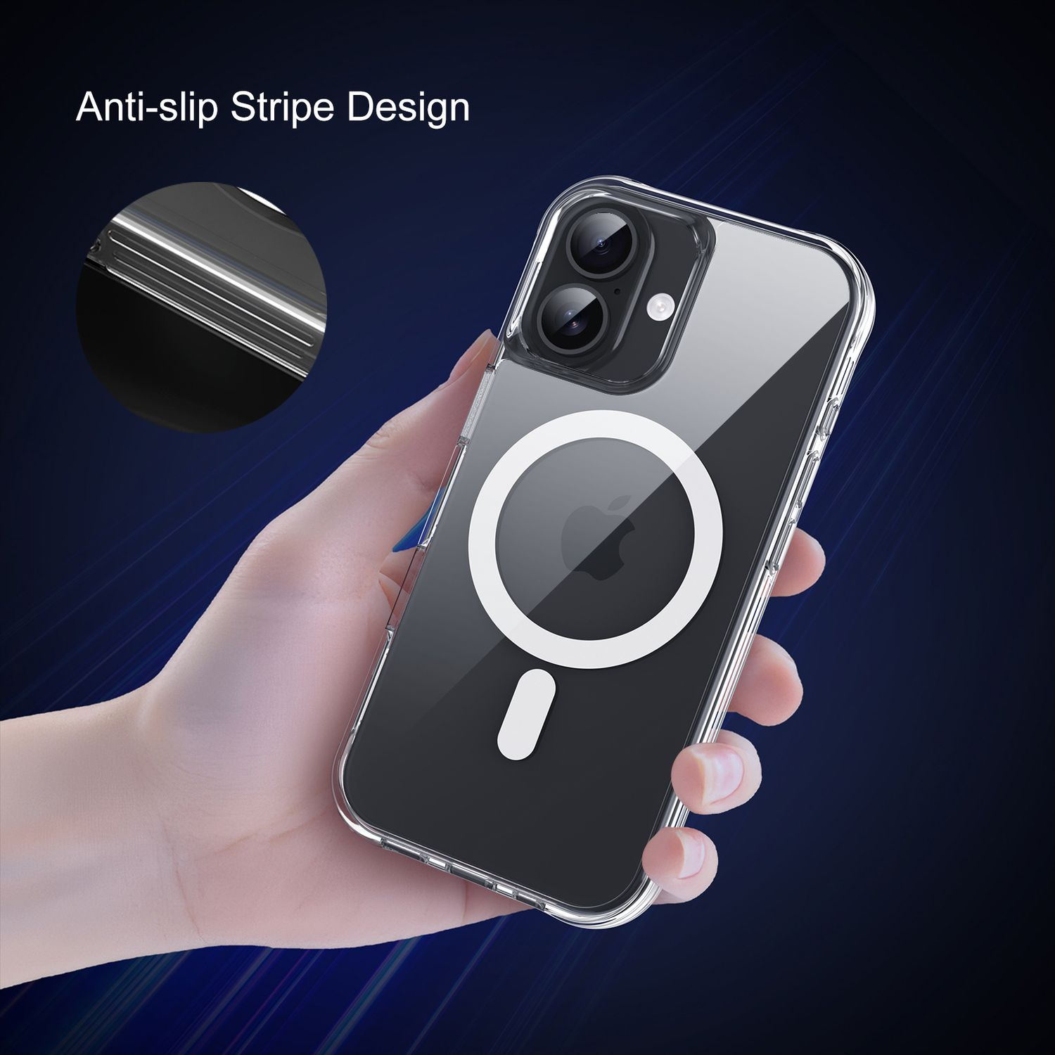 Eine Hand hält eine transparente Handyhülle mit einem weißen Kreis und einem schwarzen Telefon darin. Der Hintergrund ist dunkelblau.