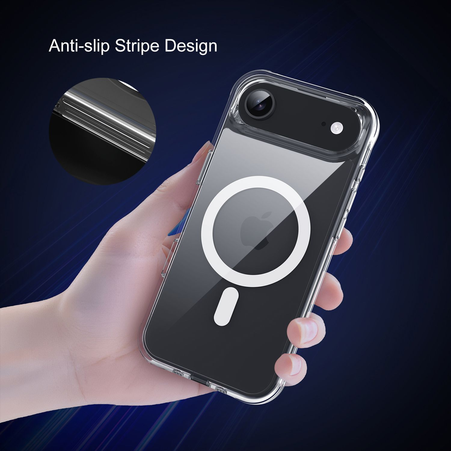 Eine Hand hält eine transparente Handyhülle mit einem schwarzen Telefon darin. Die Hülle hat ein Anti-Rutsch-Streifendesign.