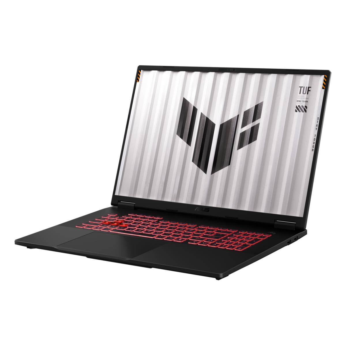 Schwarzer Laptop mit roter Hintergrundbeleuchtung. Der Bildschirm zeigt ein Logo. Der Laptop befindet sich auf weißem Hintergrund.