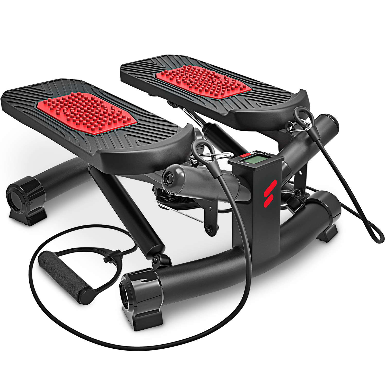 Ein schwarzes Stepper-Gerät mit roten Fußpolstern. Es hat eine Digitalanzeige und angebrachte Widerstandsbänder. Weißer Hintergrund.
