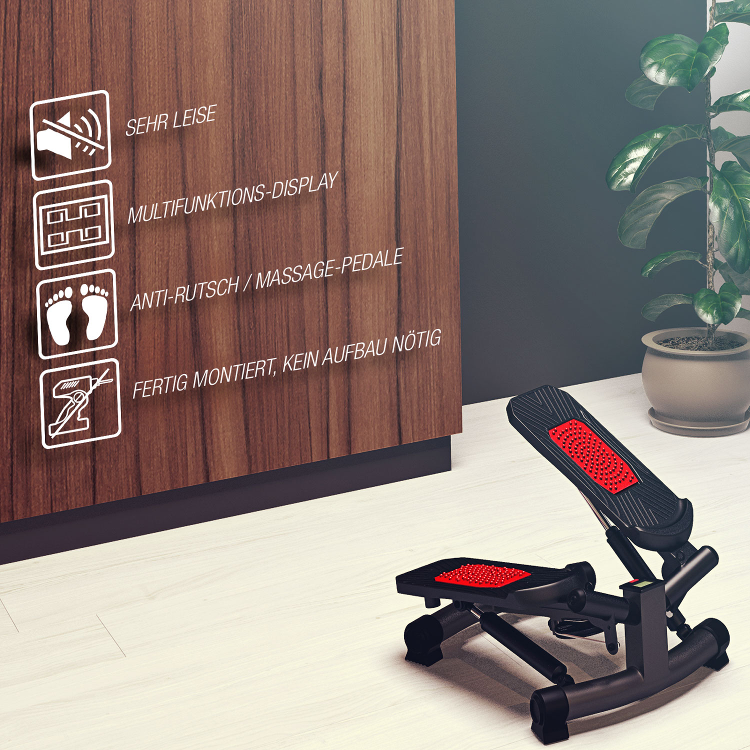 Schwarzer Stepper mit roten Massagepedalen. Holztafel mit Symbolen und Text. Eine Pflanze im Topf befindet sich im Hintergrund.