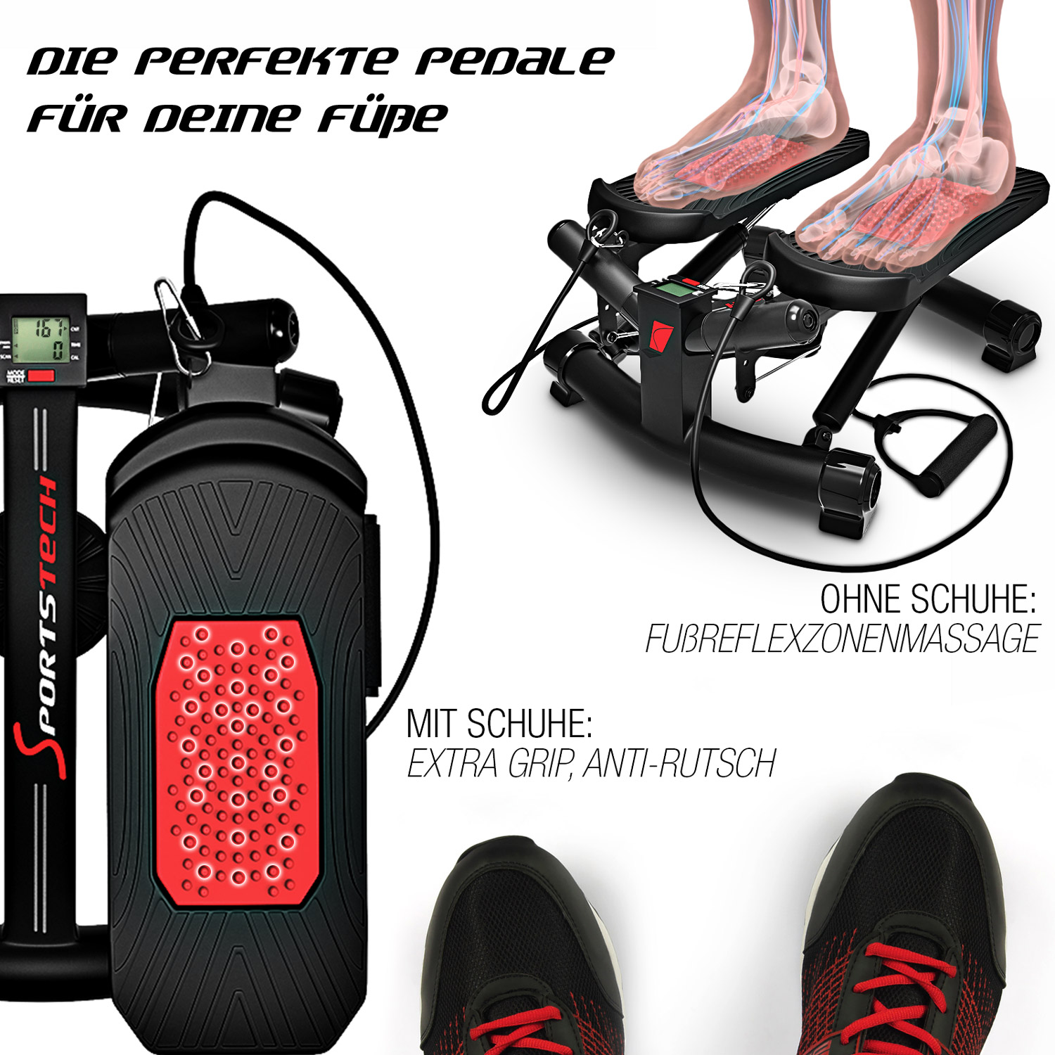 Werbung für einen Stepper mit deutschem Text. Füße benutzen den Stepper mit und ohne Schuhe.