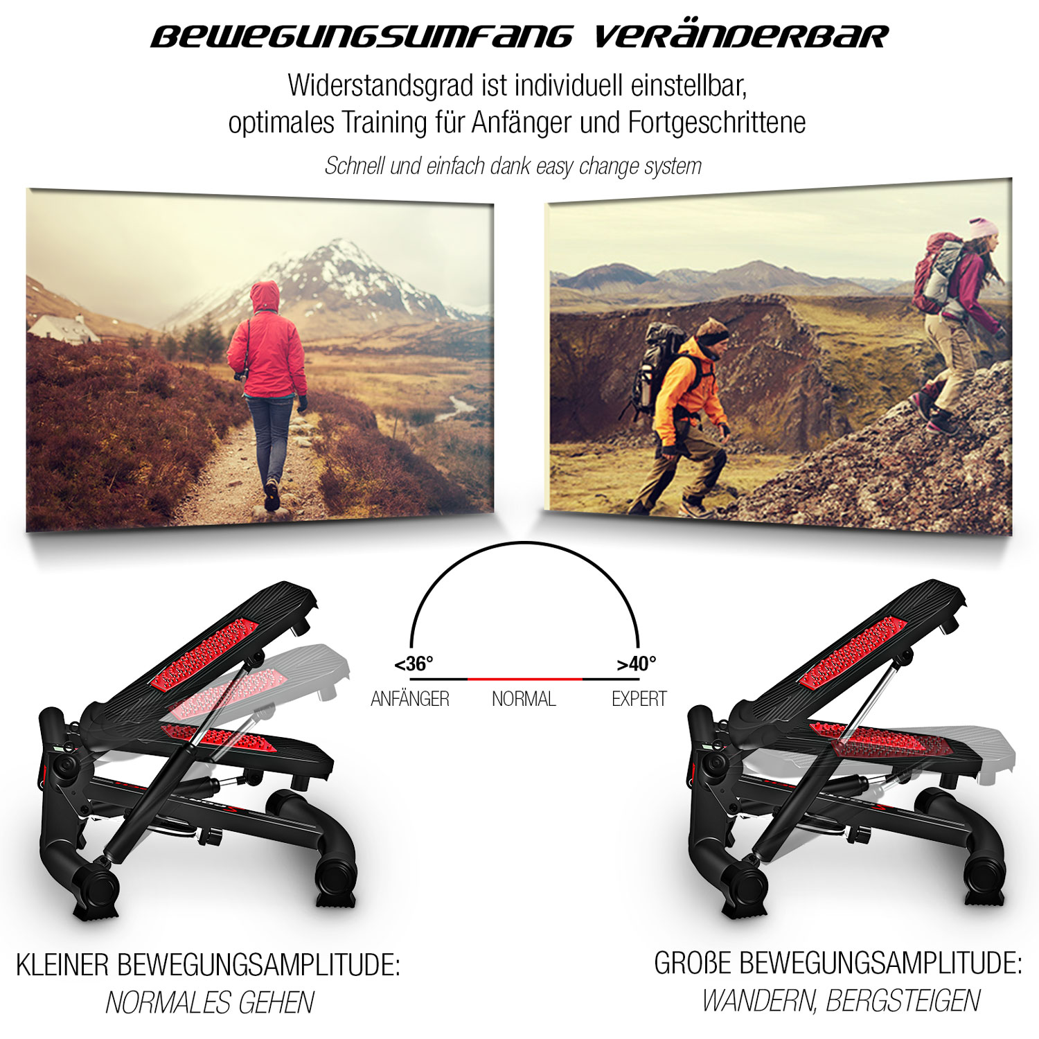 Werbung zeigt Stepper mit Wander- und Gehbildern. Text zeigt Trainingsinfos und Bewegungsbereich.