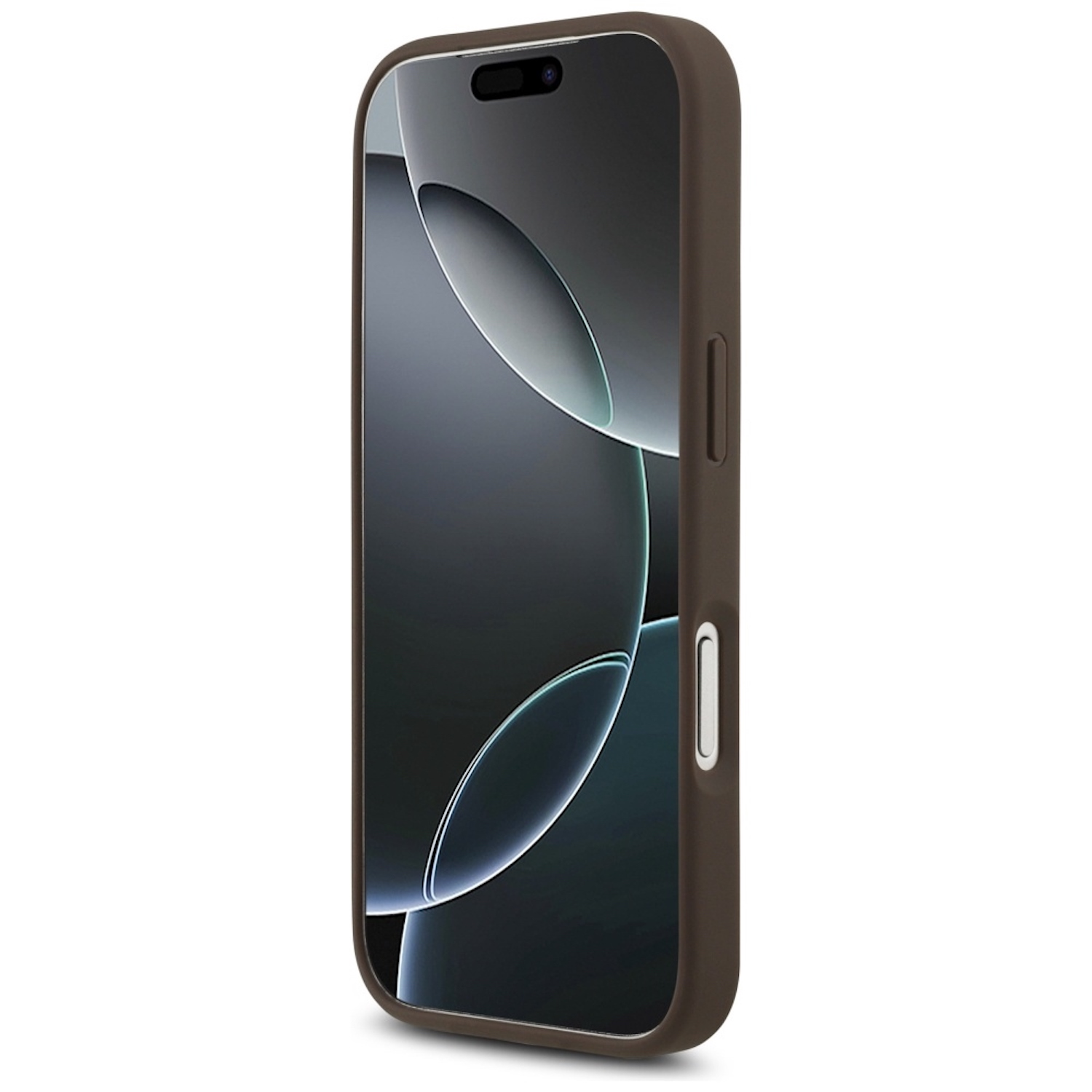 Eine braune Handyhülle mit einem Handy darin. Der Bildschirm zeigt ein dunkles, abstraktes Design mit geschwungenen Linien. Die Hülle hat Knöpfe.
