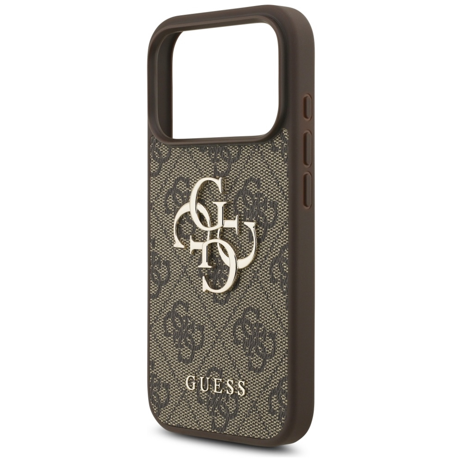 Braune Handyhülle mit Guess-Logo. Die Hülle hat ein gemustertes Design und ein metallisches Logo. Der Rahmen ist dunkelbraun.