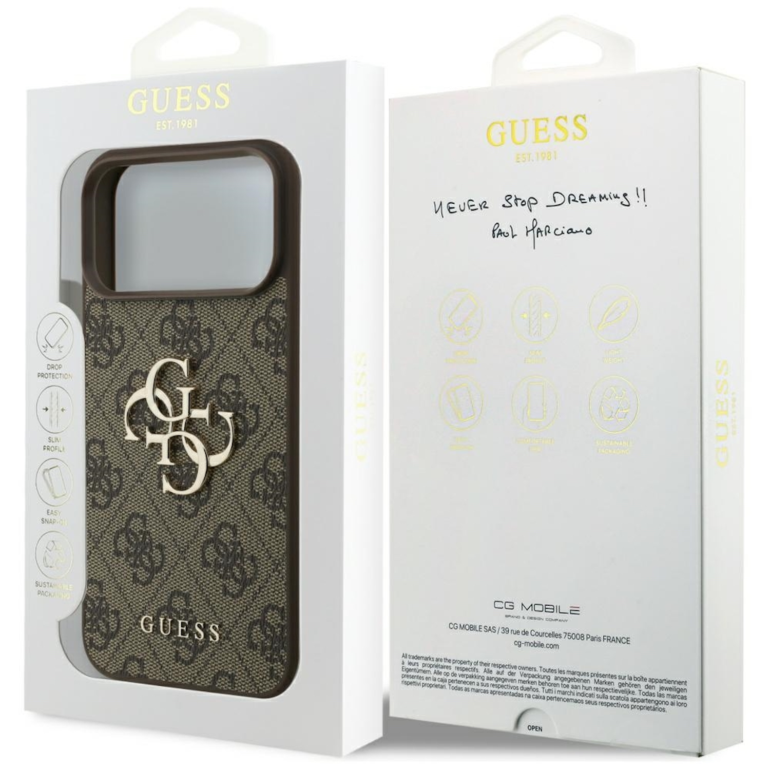 Eine Guess-Handyhülle in ihrer Box, mit dem Guess-Logo und -Design. Die Box hat Text und eine handschriftliche Notiz.