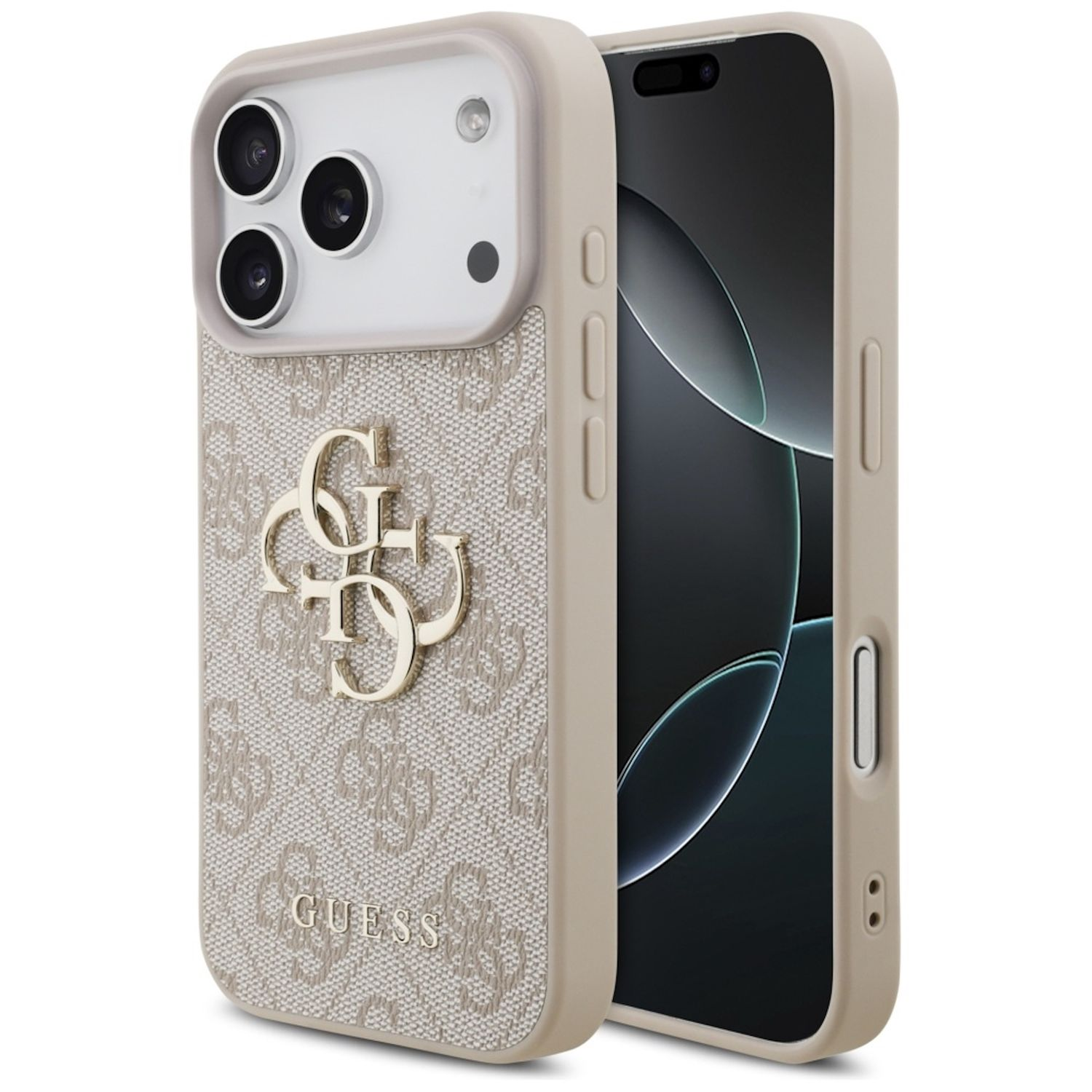 Ein Smartphone in einer beigefarbenen Guess-Hülle. Die Hülle hat ein Logo und Kameraausschnitte. Der Bildschirm des Telefons ist schwarz.