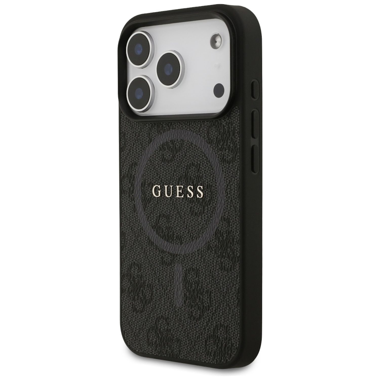Custodia per telefono Guess nera. Ha un modulo fotocamera in alto e il nome del marchio in basso. La custodia è su sfondo bianco.