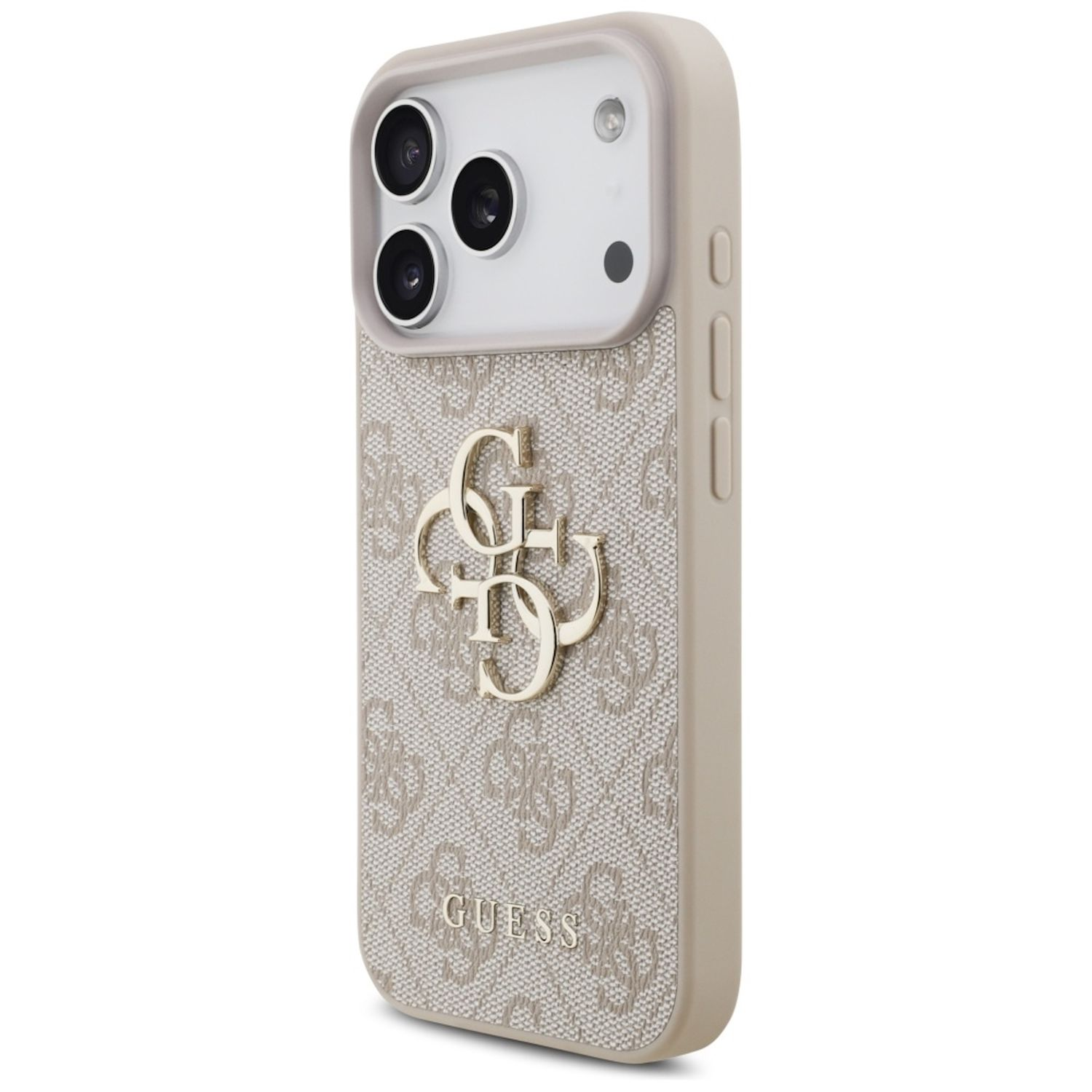 Eine beige Guess-Handyhülle. Sie hat das Guess-Logo, eine gemusterte Rückseite und einen Kamerabereich. Die Hülle ist für ein iPhone.