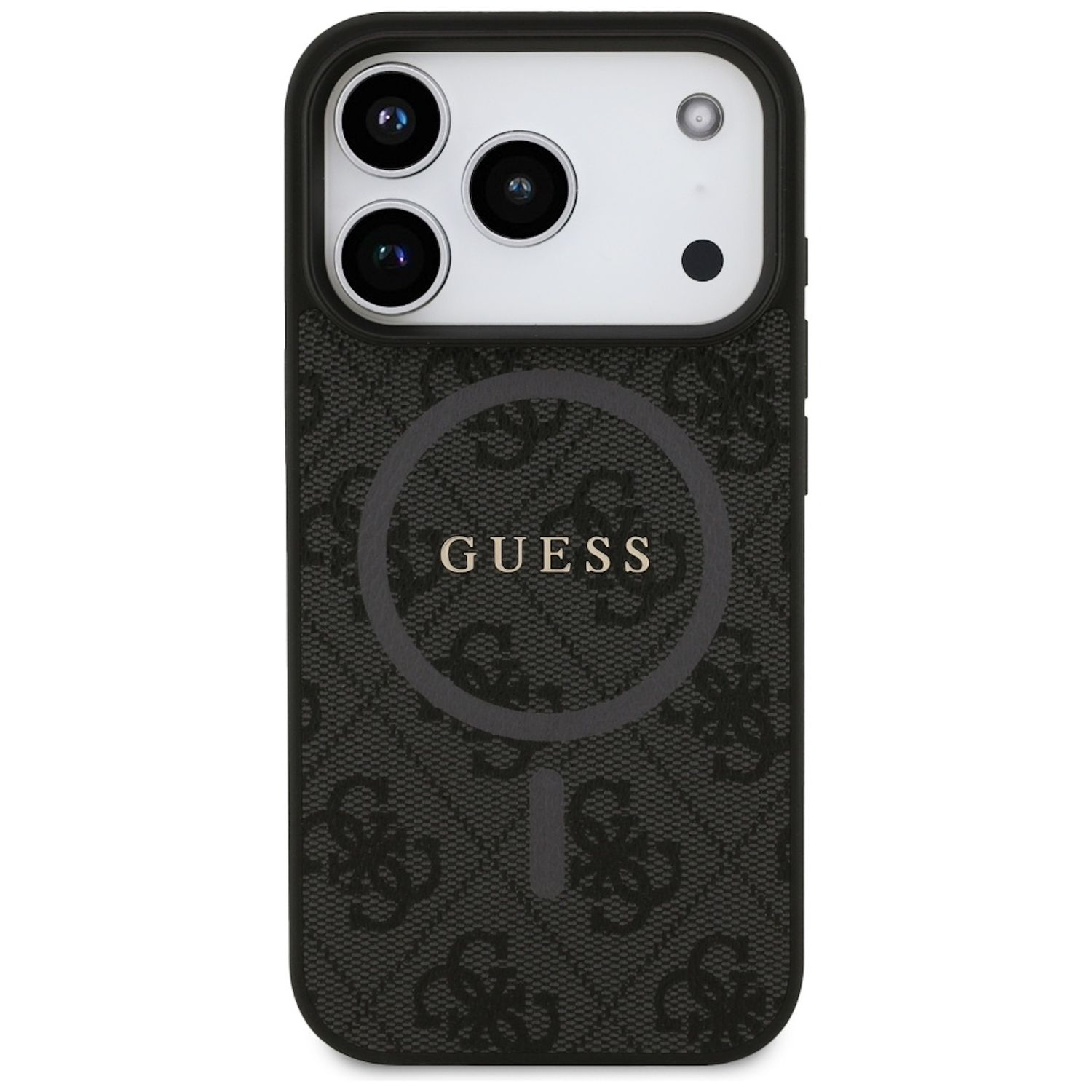 Una custodia per telefono Guess nera. La custodia ha un motivo e il logo Guess in un cerchio. Il telefono ha tre fotocamere.