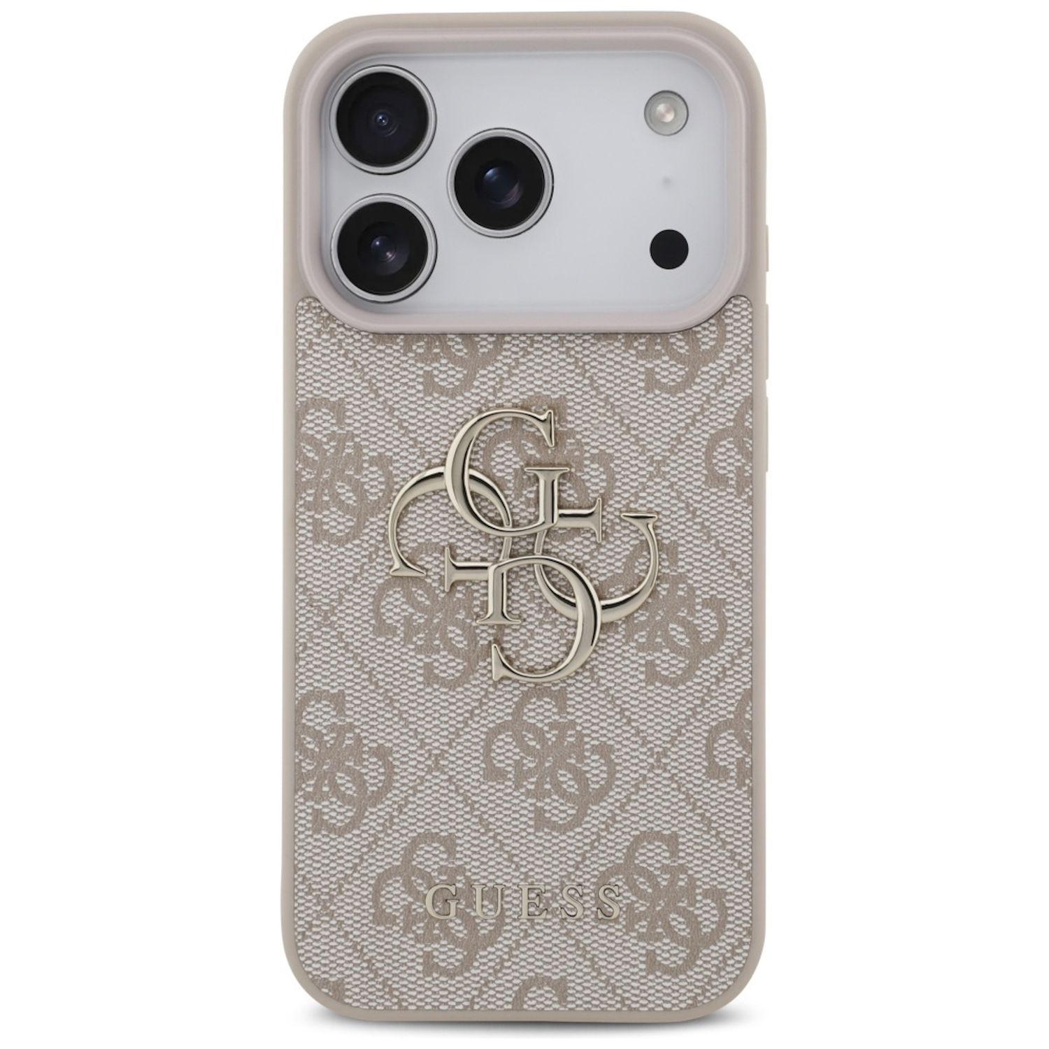 Eine Handyhülle mit dem Guess-Logo. Die Hülle ist beige, hat ein Muster und ein silbernes Guess-Logo. Das Telefon hat drei Kameras.