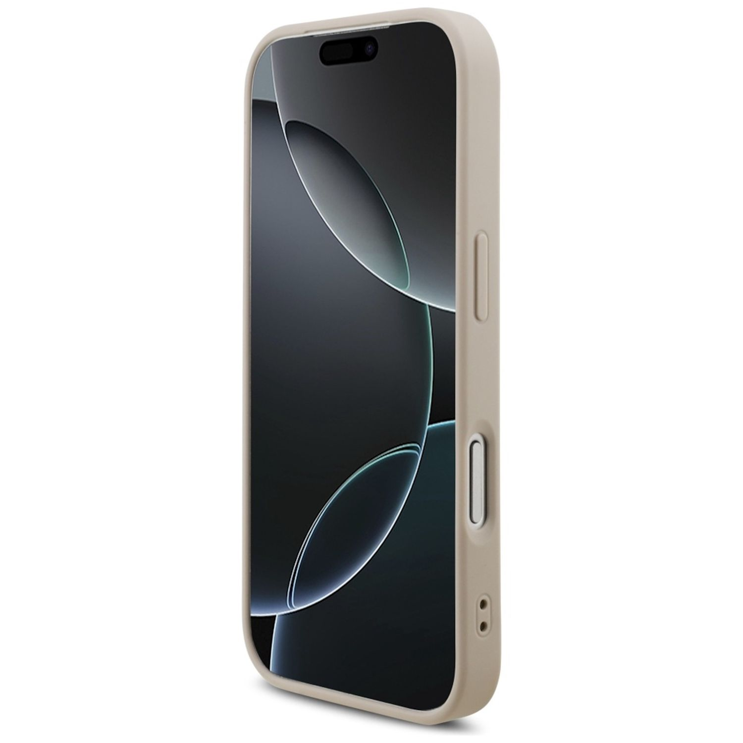 Ein beiges iPhone in einer Hülle, auf weißem Hintergrund. Der Bildschirm zeigt ein dunkles, abstraktes Bild mit geschwungenen Linien.