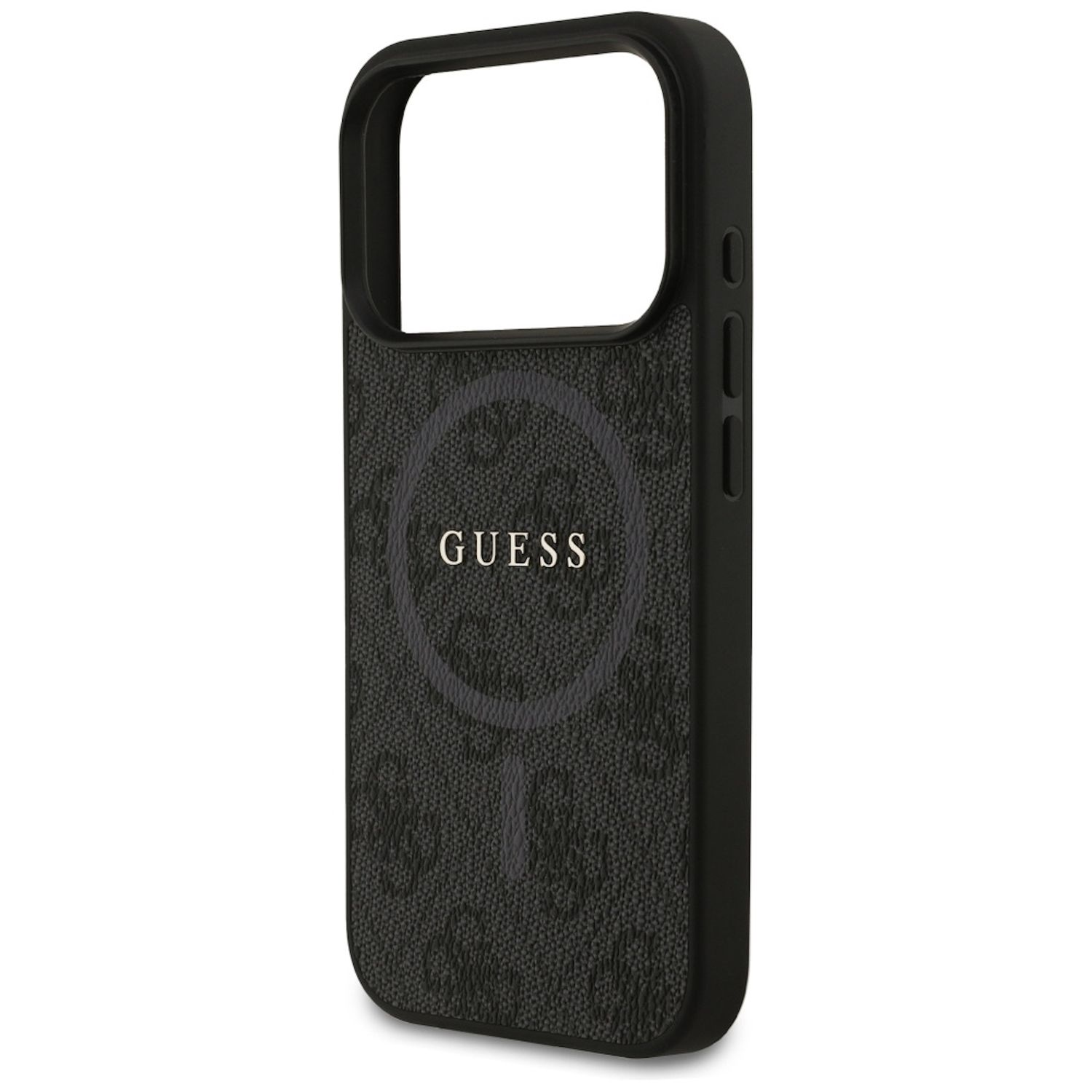 Custodia per telefono Guess nera. La custodia ha un motivo strutturato con il logo Guess ripetuto e un logo Guess al centro.