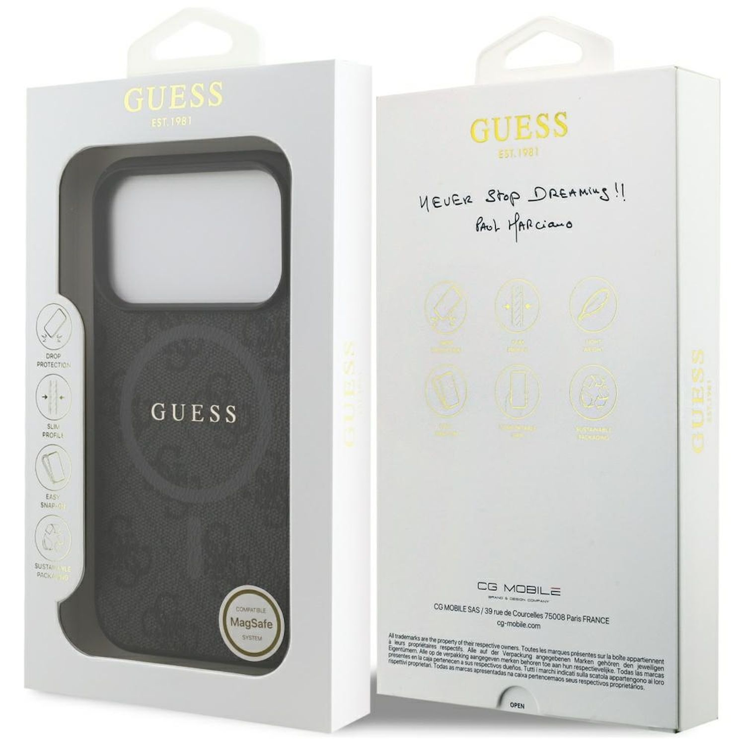 Una scatola per custodie per telefoni con il logo GUESS. Ha dettagli come la protezione dalle cadute e la compatibilità MagSafe.