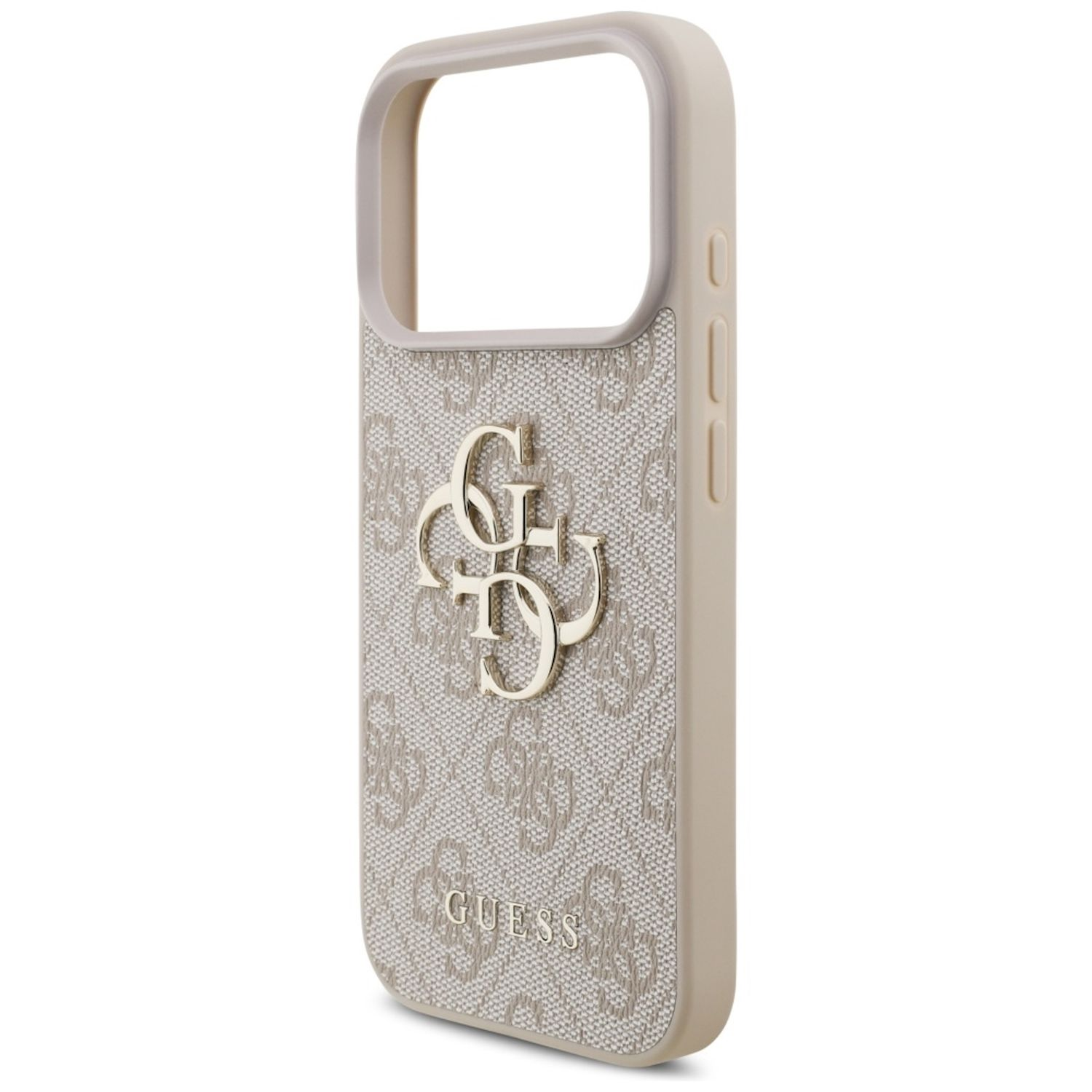 Eine beige Guess-Handyhülle. Sie zeigt ein Guess-Logo und ein gemustertes Design. Die Hülle hat einen Schutzrahmen in einem helleren Farbton.