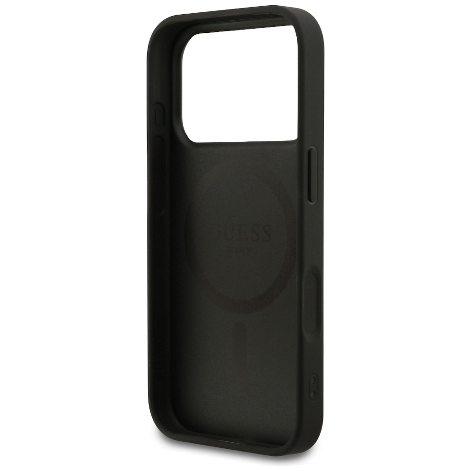 È mostrata una custodia nera per telefono con il logo Guess. La custodia è vuota e presenta ritagli per la fotocamera e i pulsanti. Lo sfondo è bianco.
