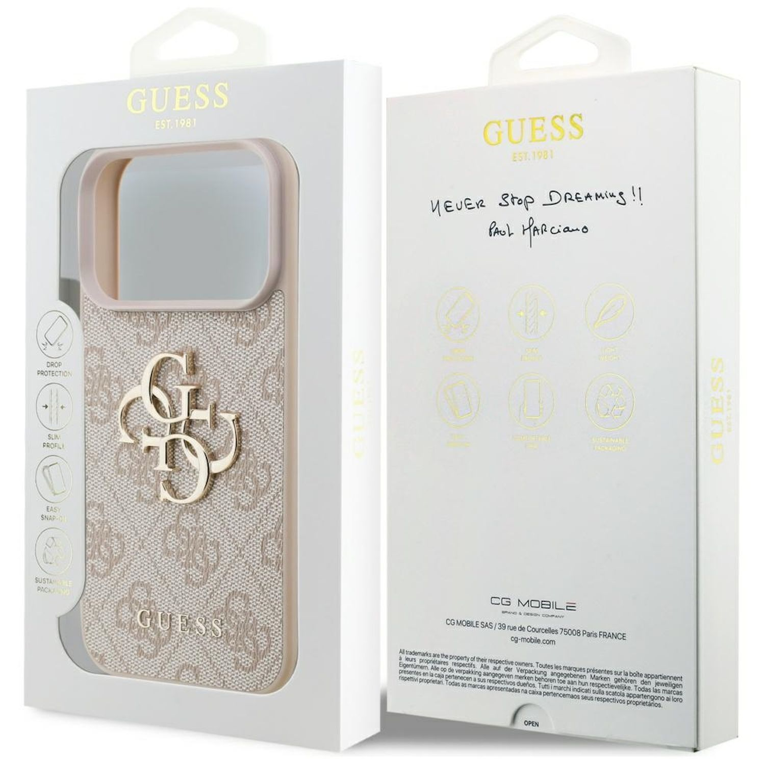 Eine Guess-Handyhülle in einer Box. Die Hülle ist beige mit goldenem Logo. Die Box ist weiß mit Text und Grafiken.