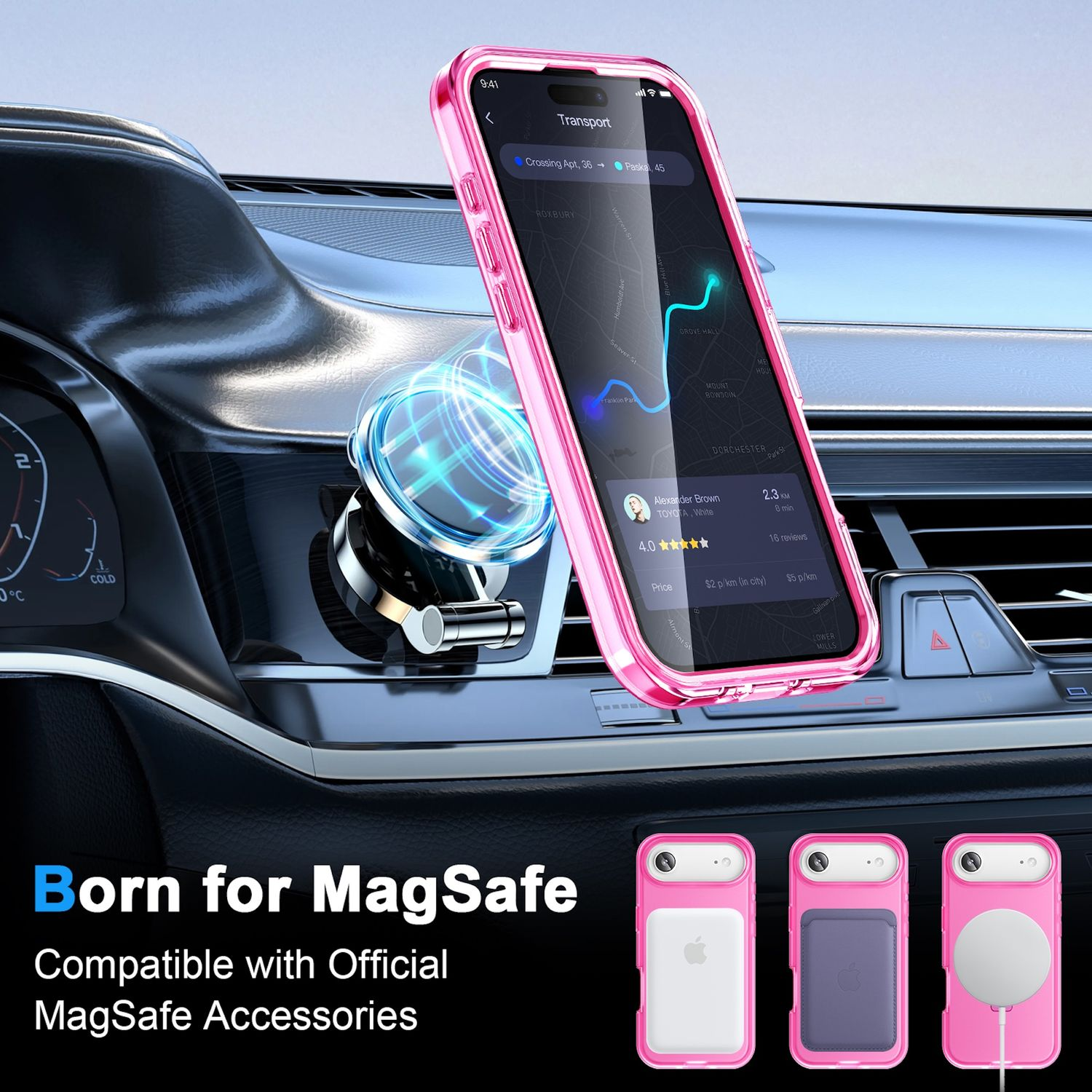 Un teléfono rosa en una funda muestra un mapa. Está montado en un coche. Abajo hay fundas rosas y texto: Born for MagSafe.